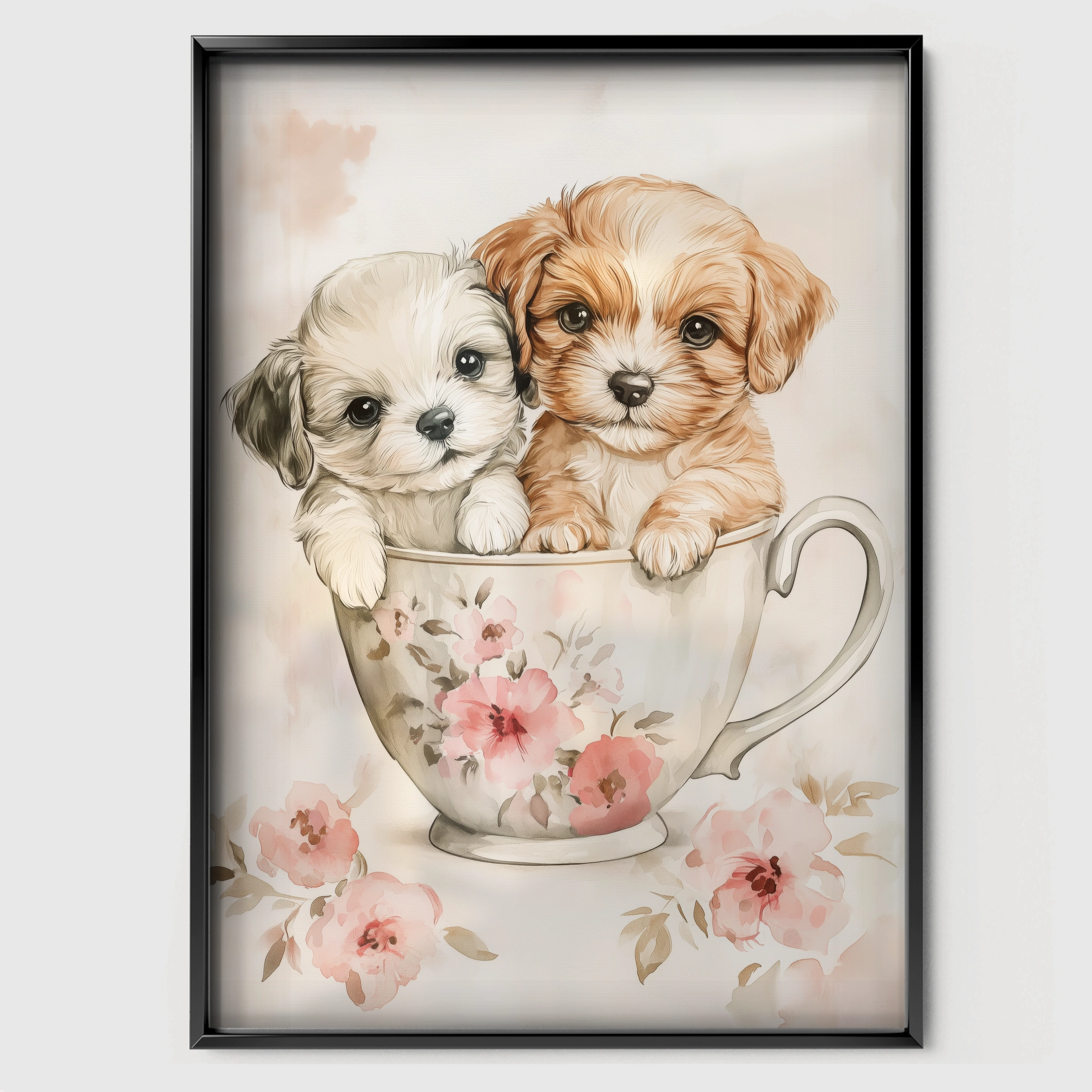 Puppies in a Teacup Nursery Print - black framed nursery wall art print