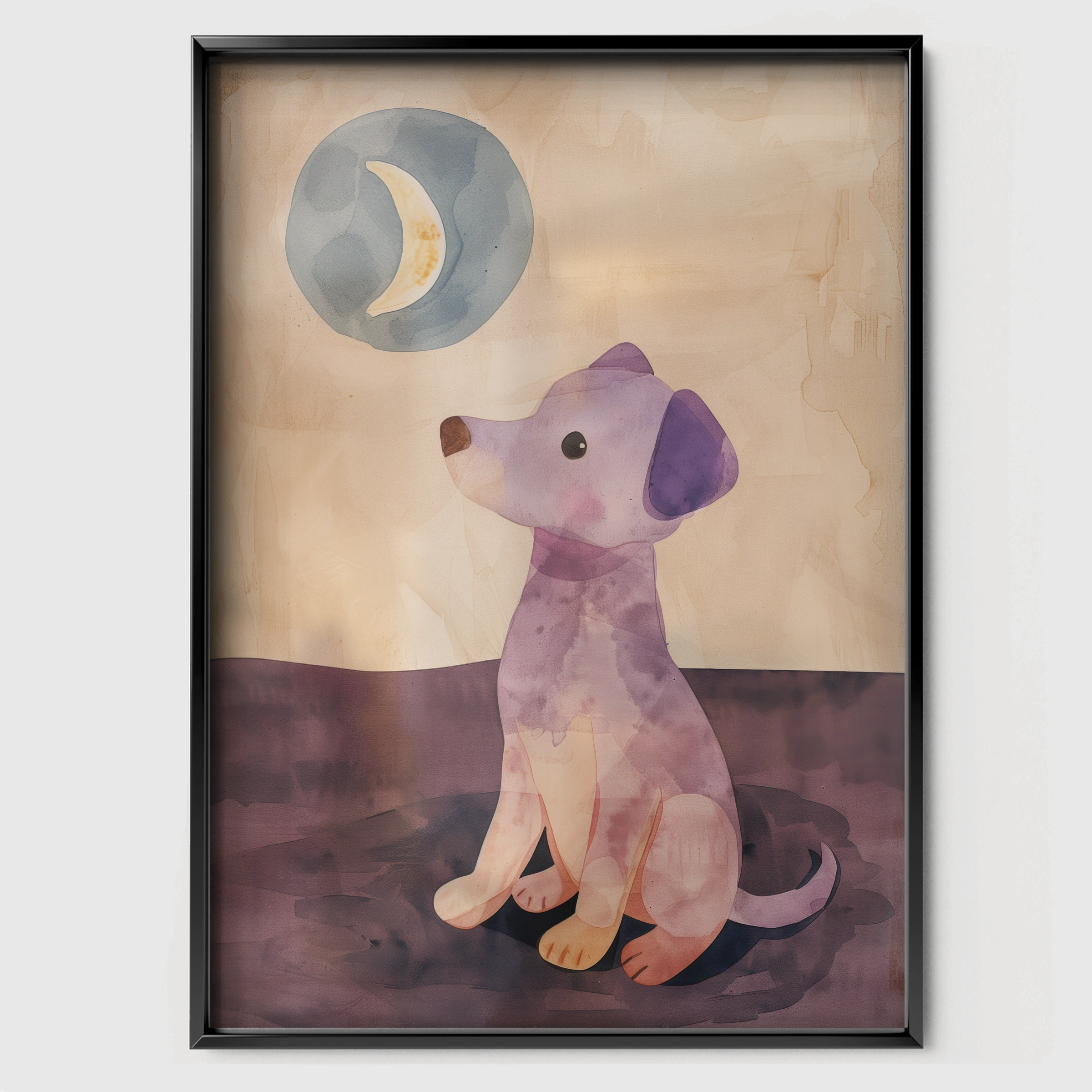 Puppy and the Moon Nursery Print - black framed nursery wall art print
