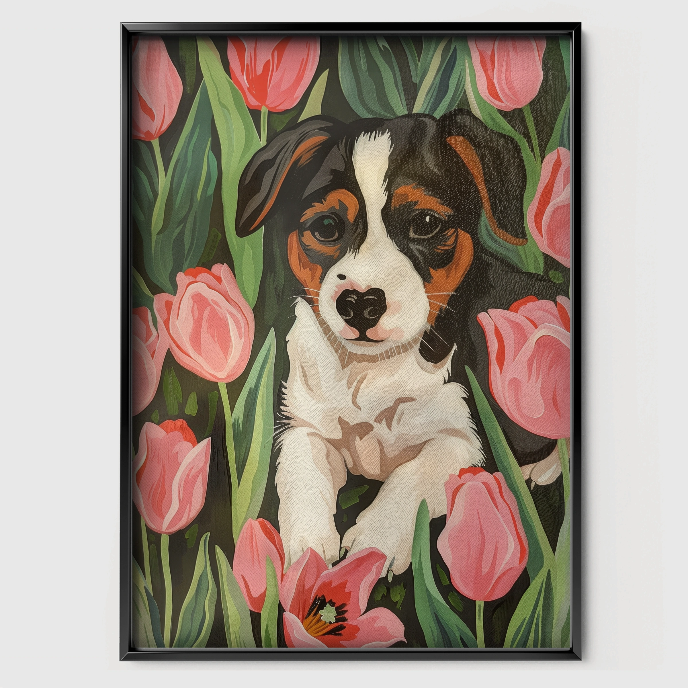 Puppy in Tulips Nursery Print - black framed nursery wall art print