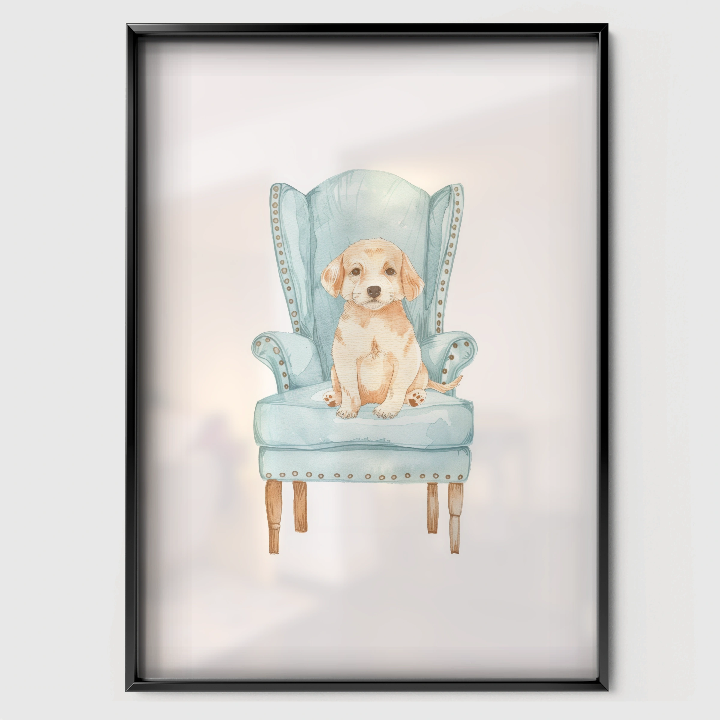 Puppy on a Chair Nursery Print - black framed nursery wall art print