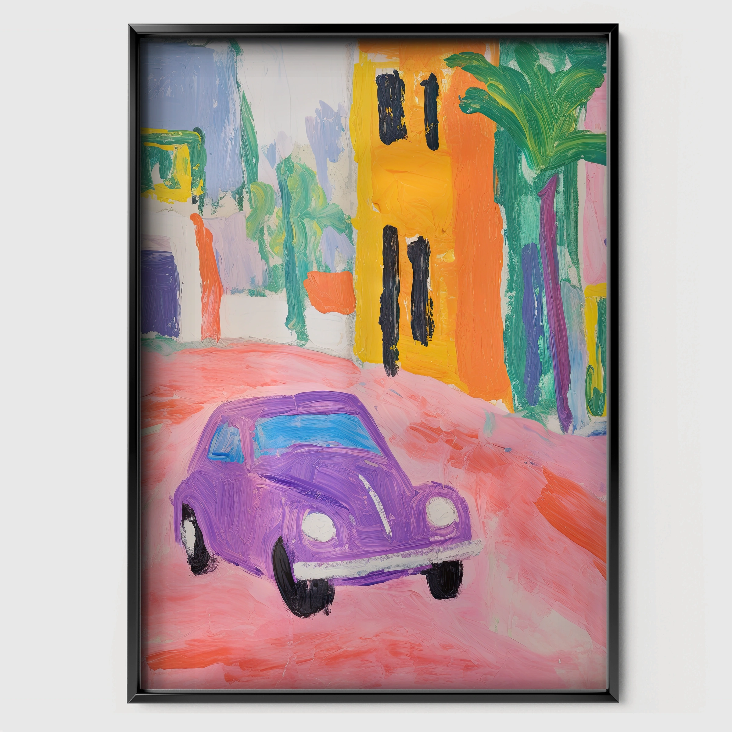 Purple Car in Town Nursery Print - black framed nursery wall art print