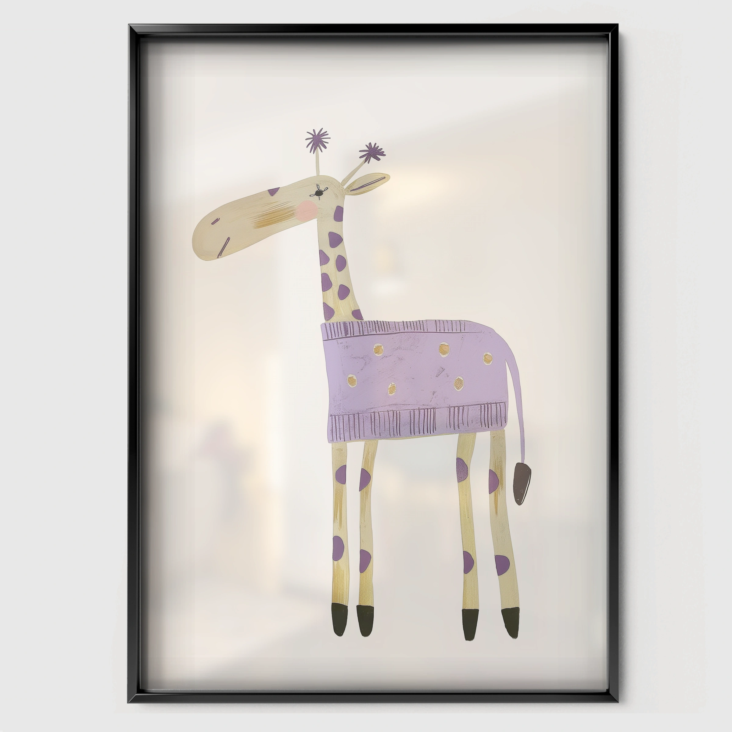 Purple Giraffe Nursery Print - black framed nursery wall art print