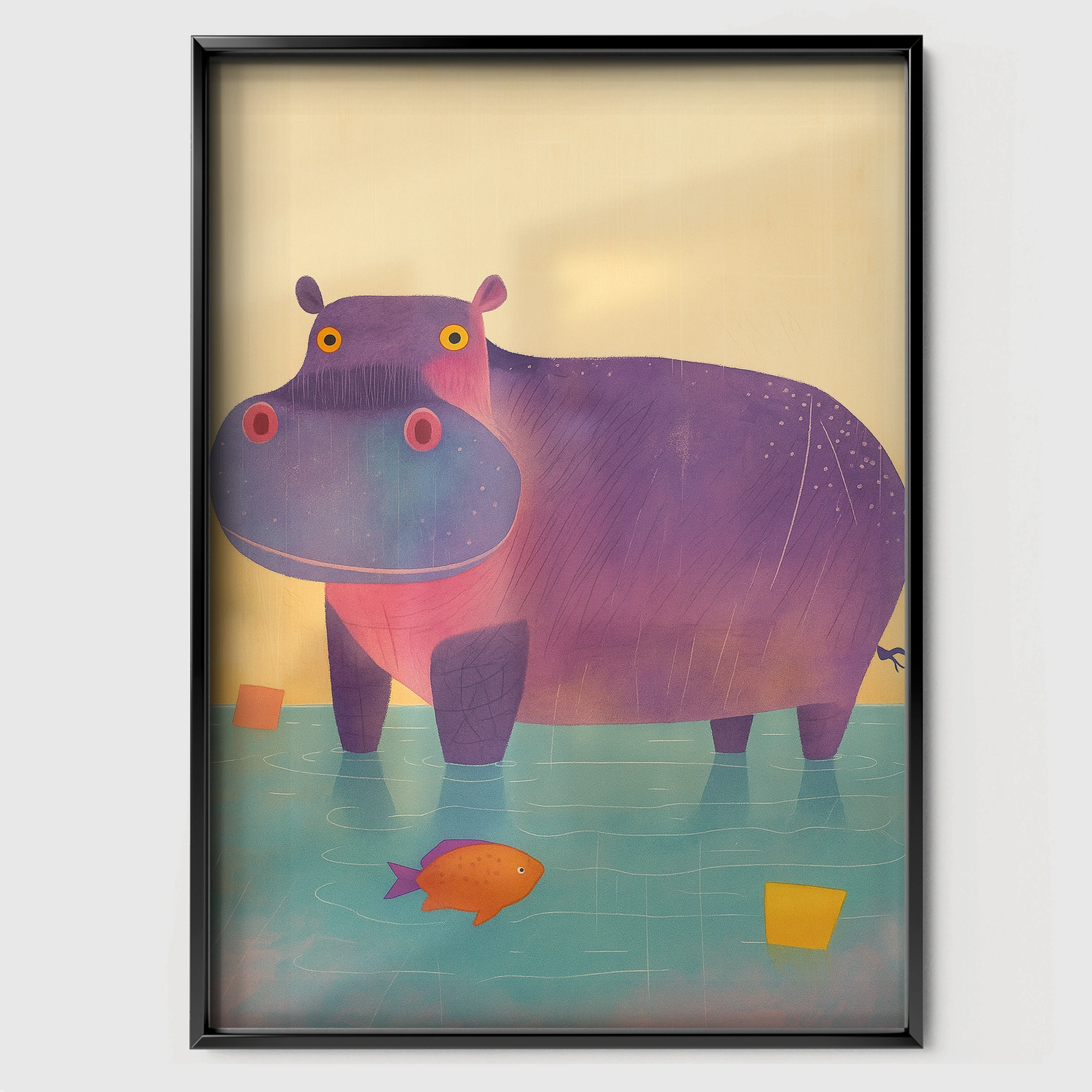 Purple Hippo Nursery Print - black framed nursery wall art print