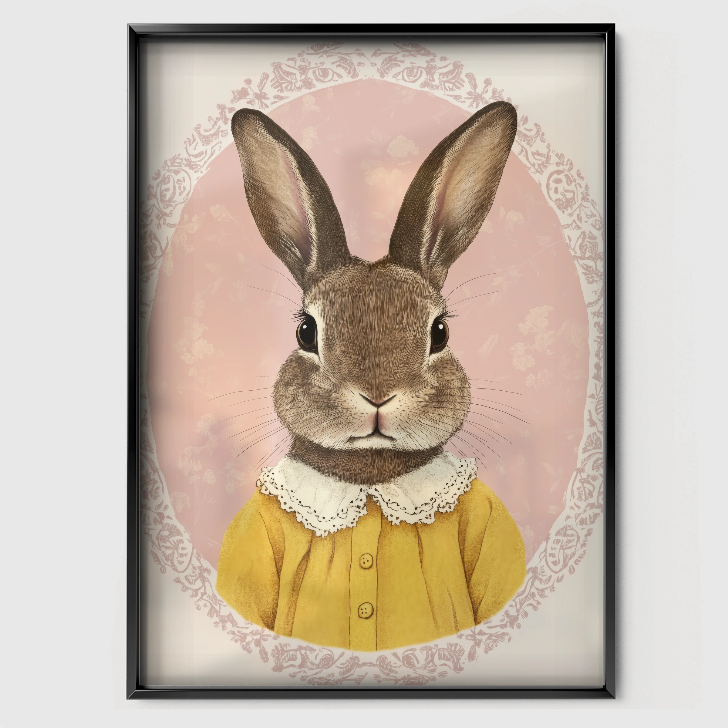 Rabbit Cameo in Yellow Nursery Print - black framed nursery wall art print