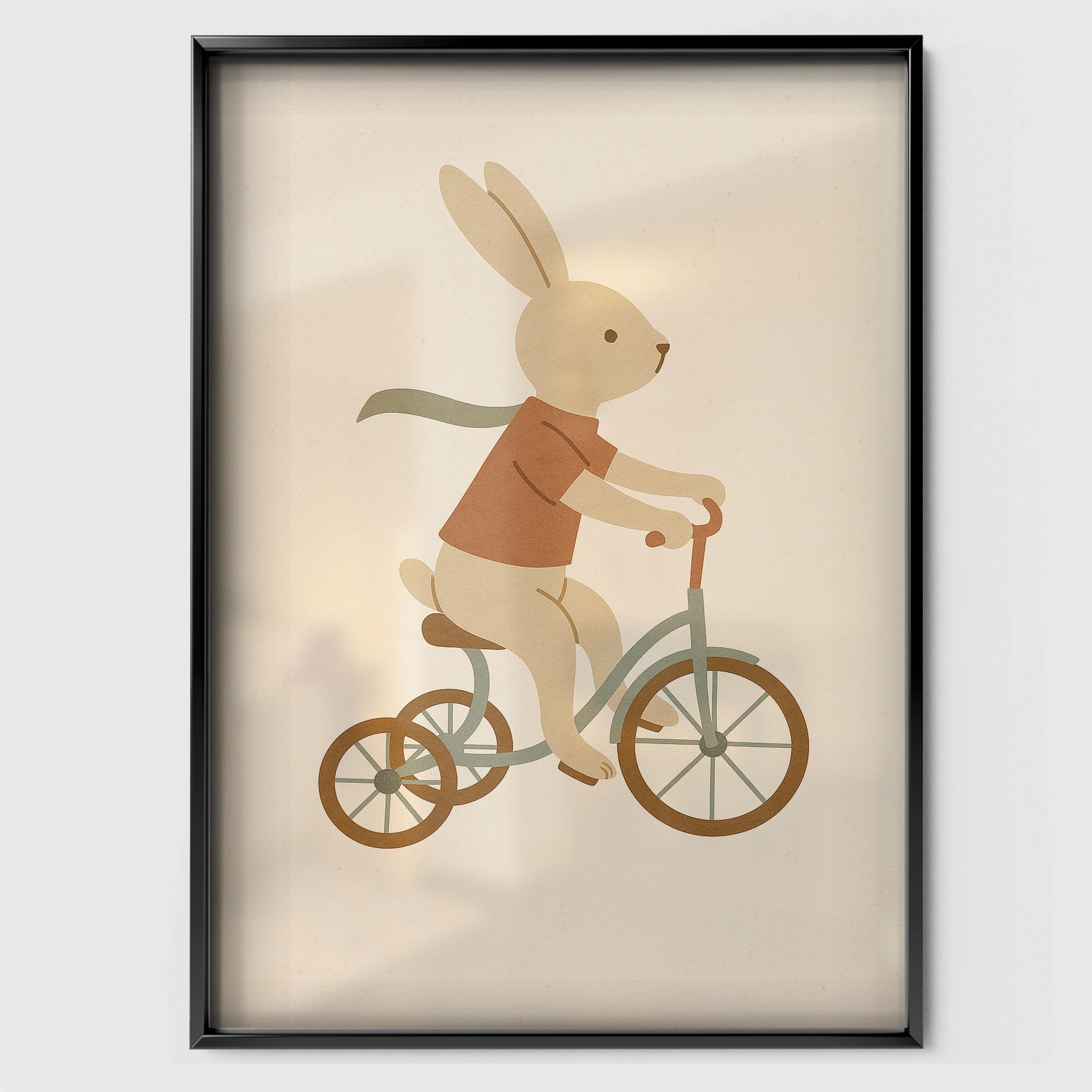 Rabbit Cyclist Nursery Print - black framed nursery wall art print