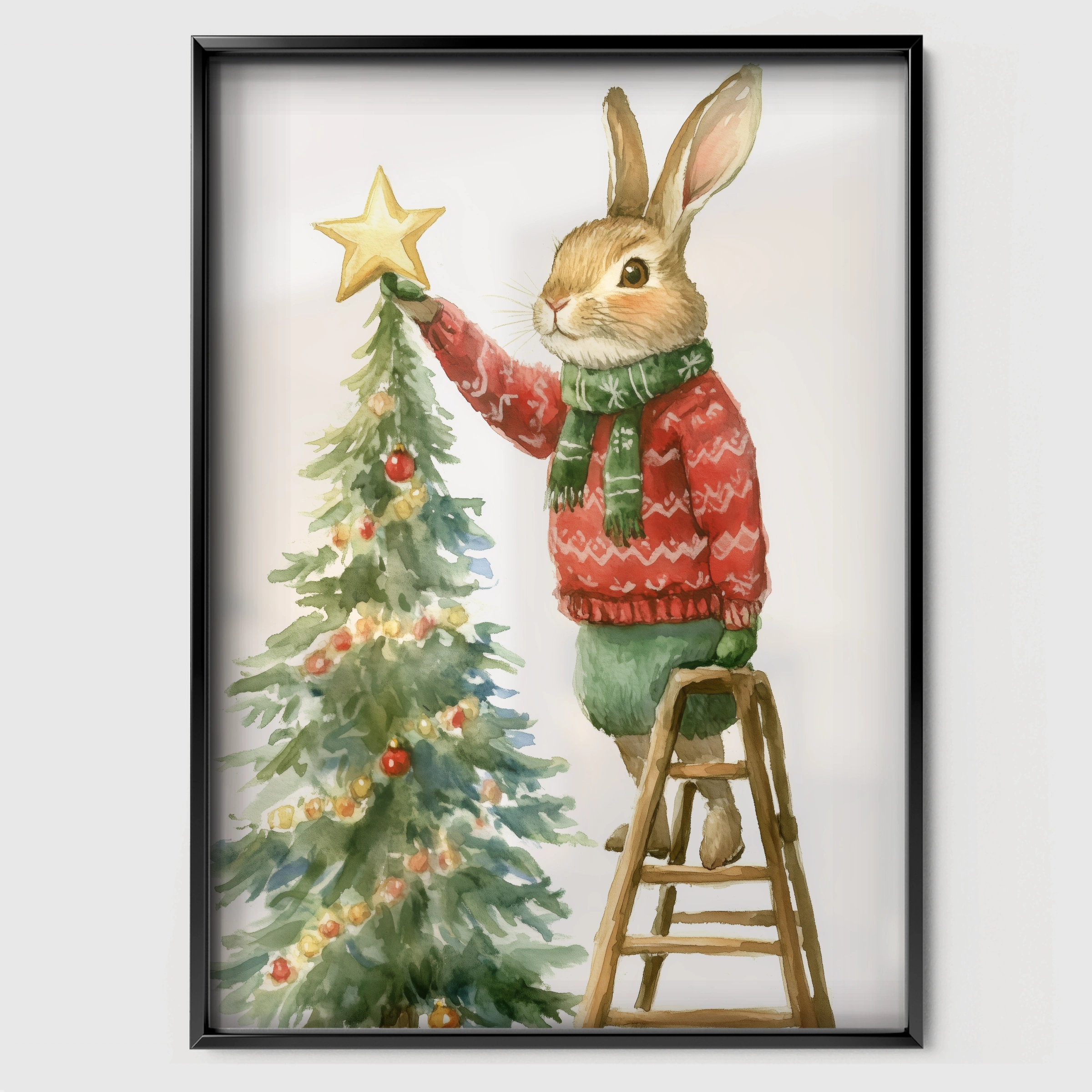 Rabbit Decorating the Tree Christmas Print - black framed nursery wall art print