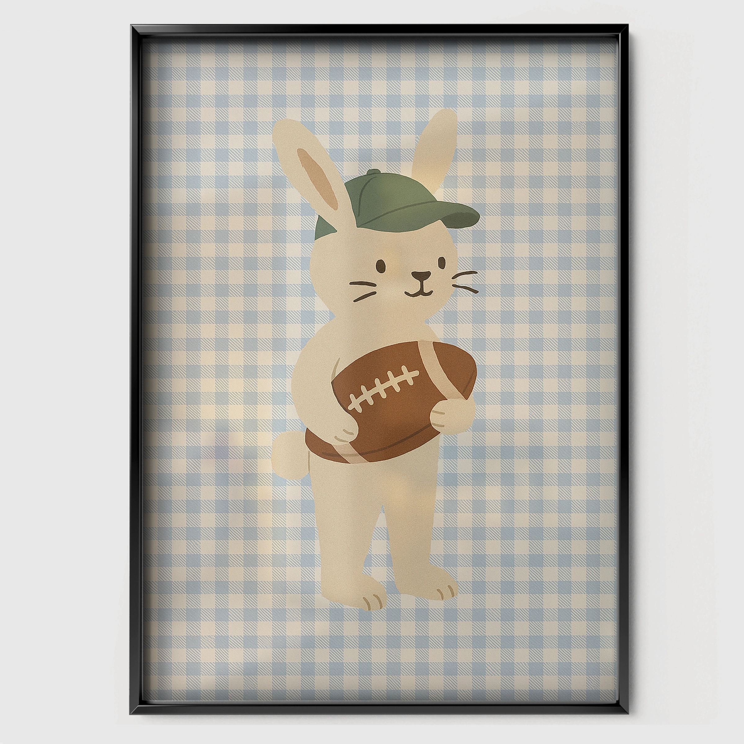 Rabbit Football Player Nursery Print - black framed nursery wall art print