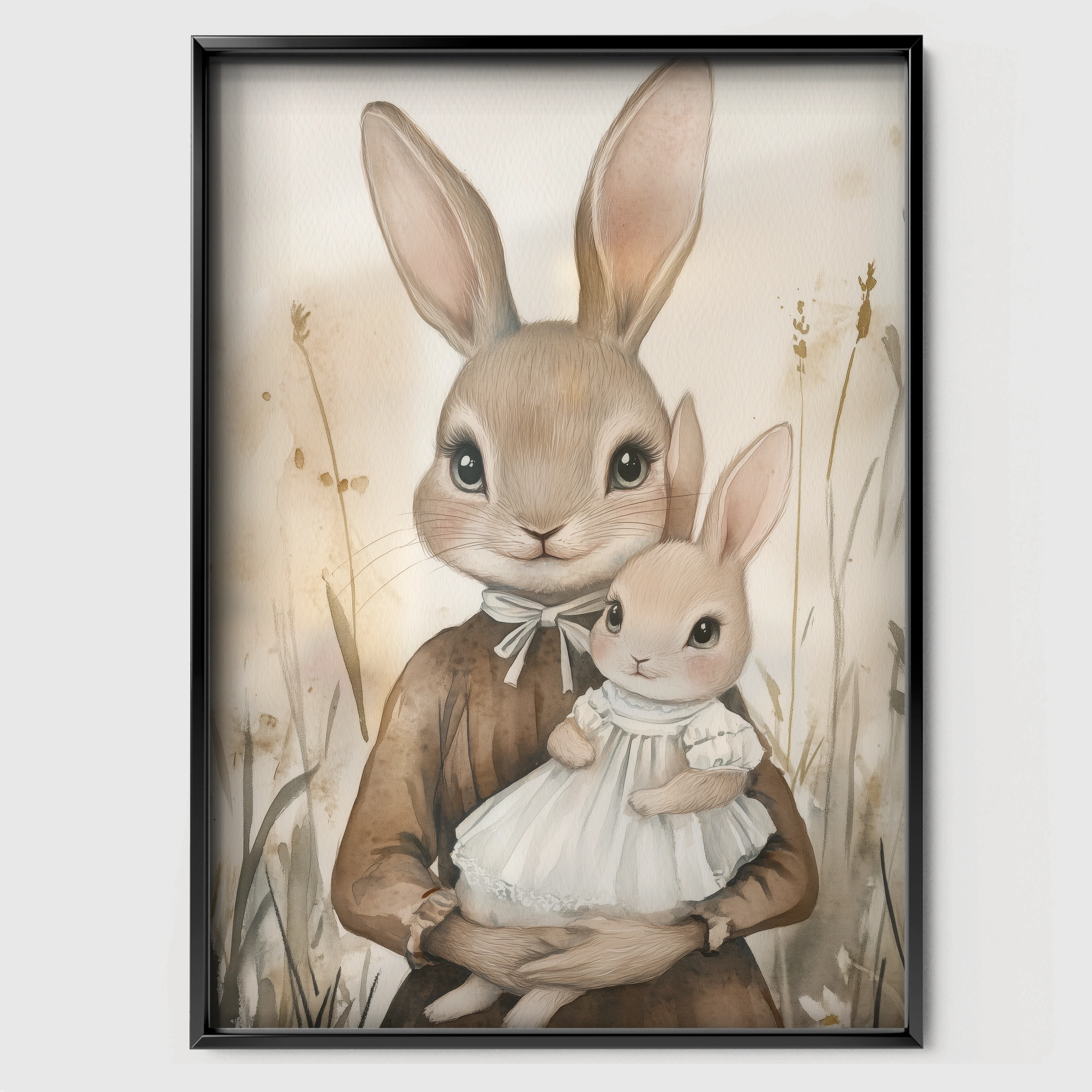 Rabbit Holding Baby Nursery Print - black framed nursery wall art print
