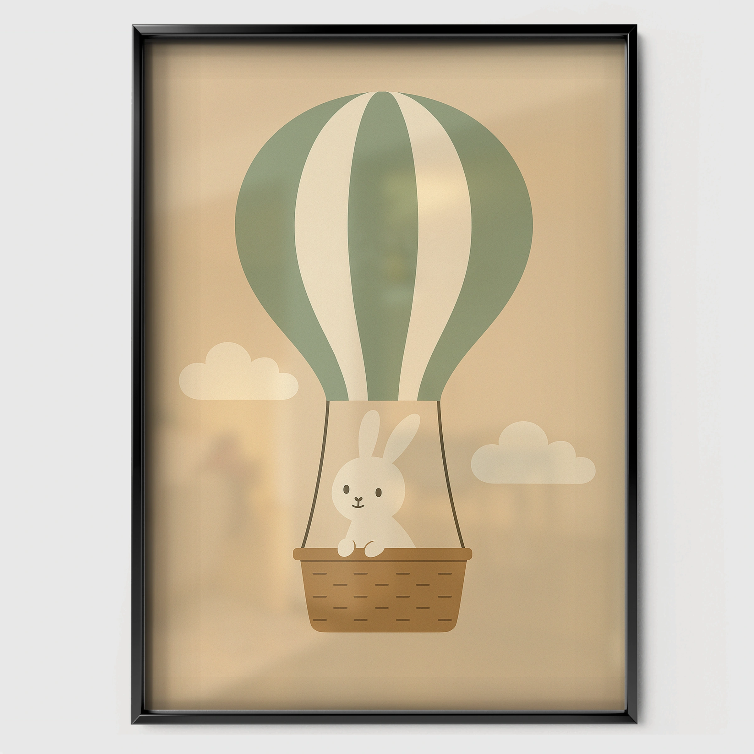 Rabbit Hot Air Balloon Nursery Print - black framed nursery wall art print