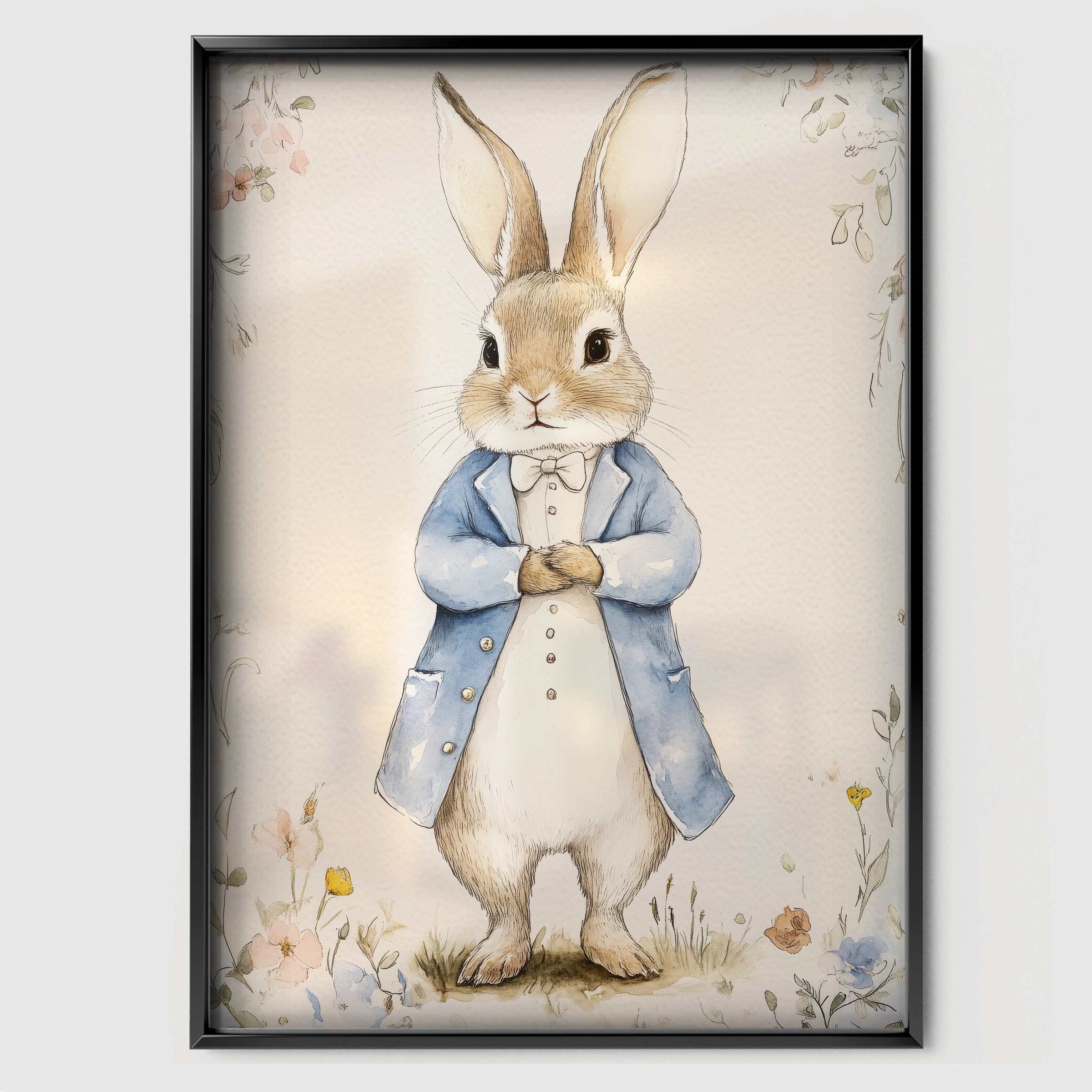 Rabbit in a Blue Coat Nursery Print - black framed nursery wall art print