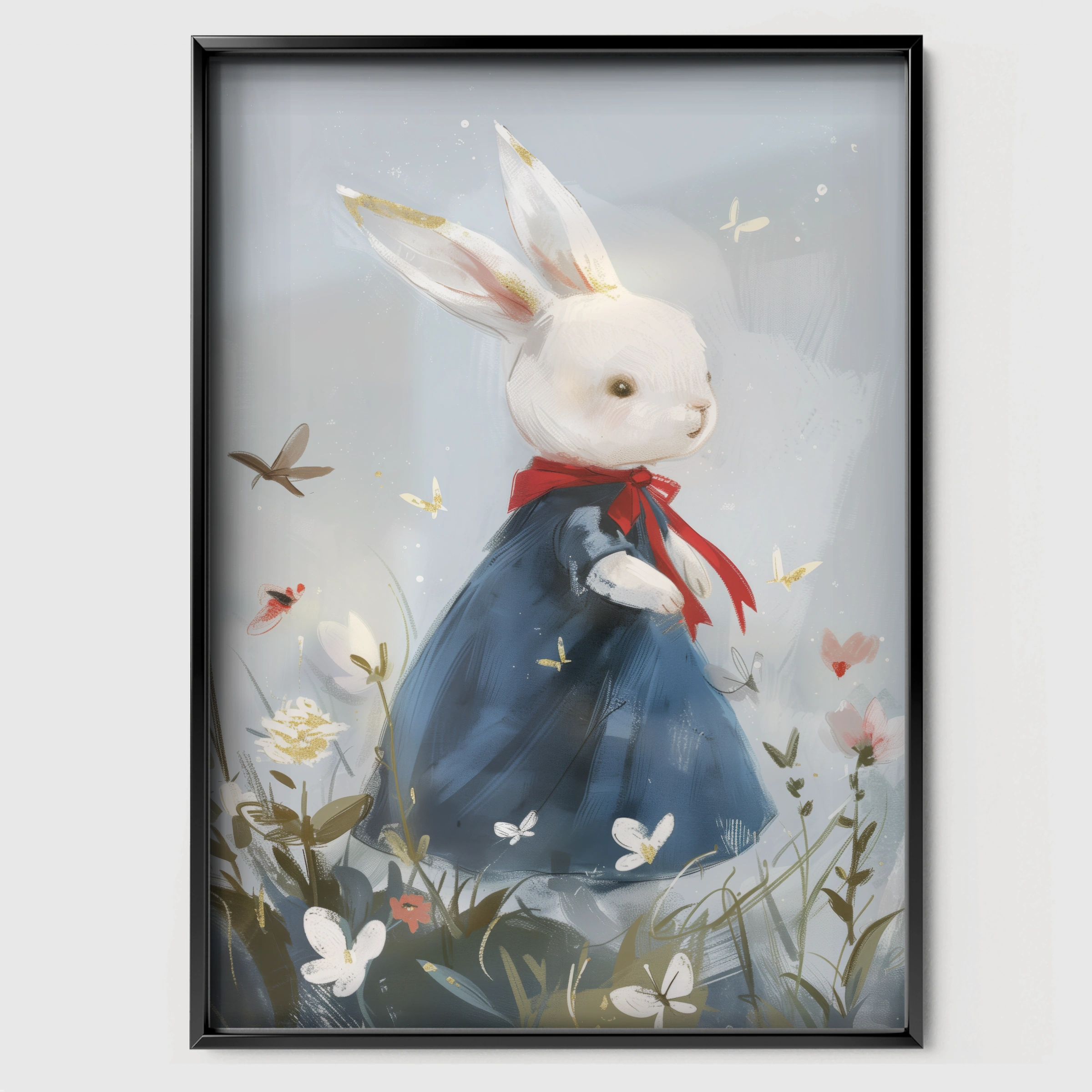 Rabbit in a Blue Dress Nursery Print - black framed nursery wall art print
