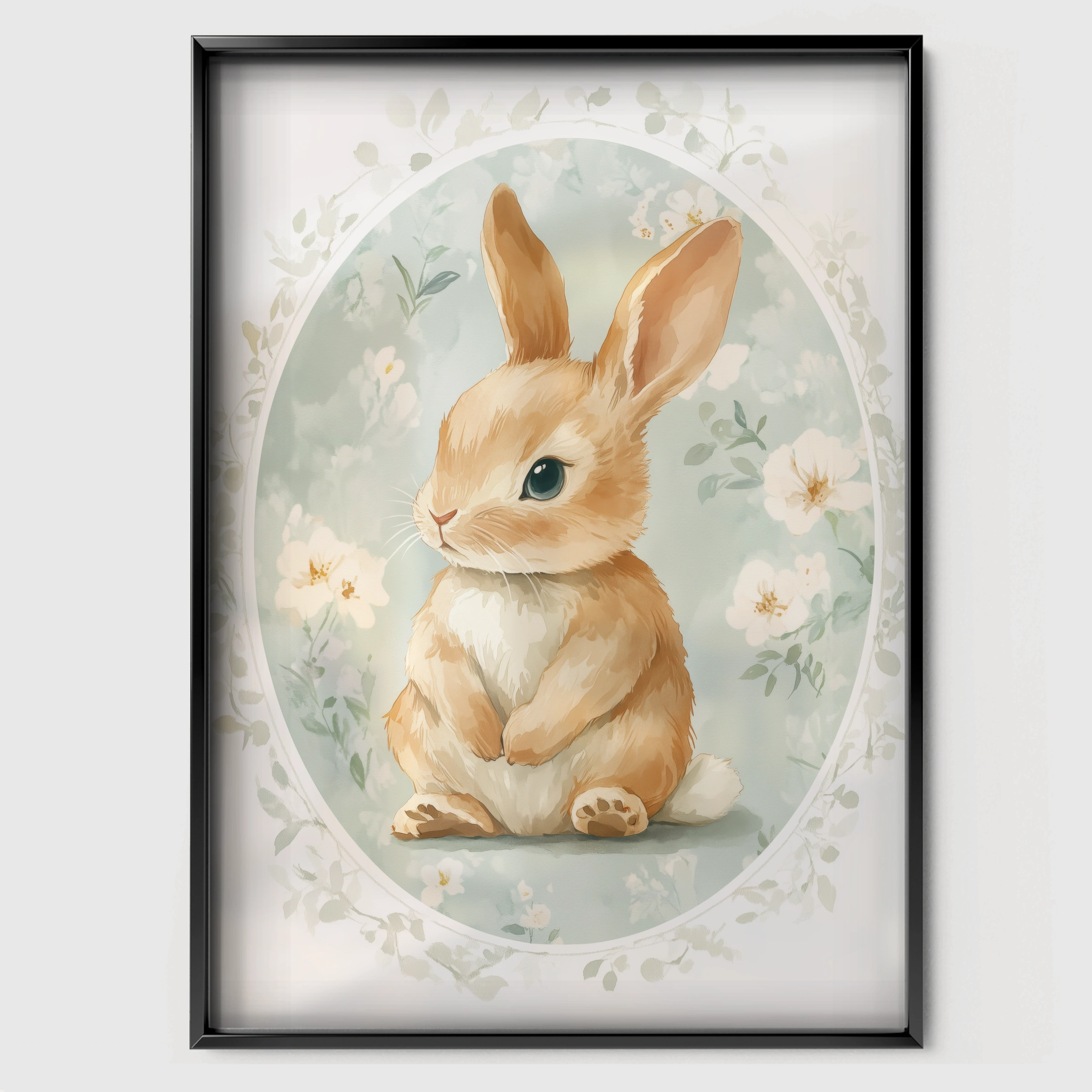 Rabbit in a Blue Oval Nursery Print - black framed nursery wall art print