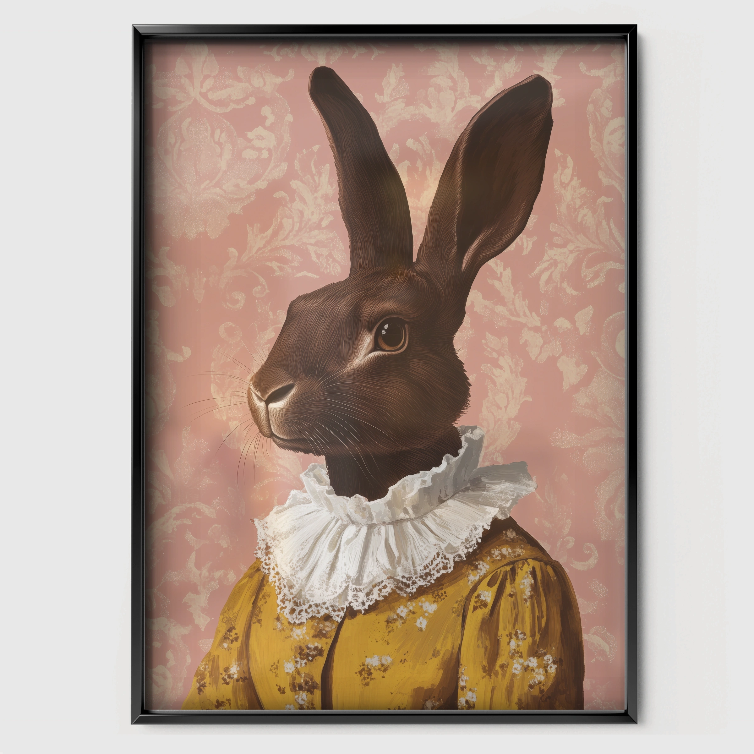 Rabbit in a Dress Nursery Print - black framed nursery wall art print