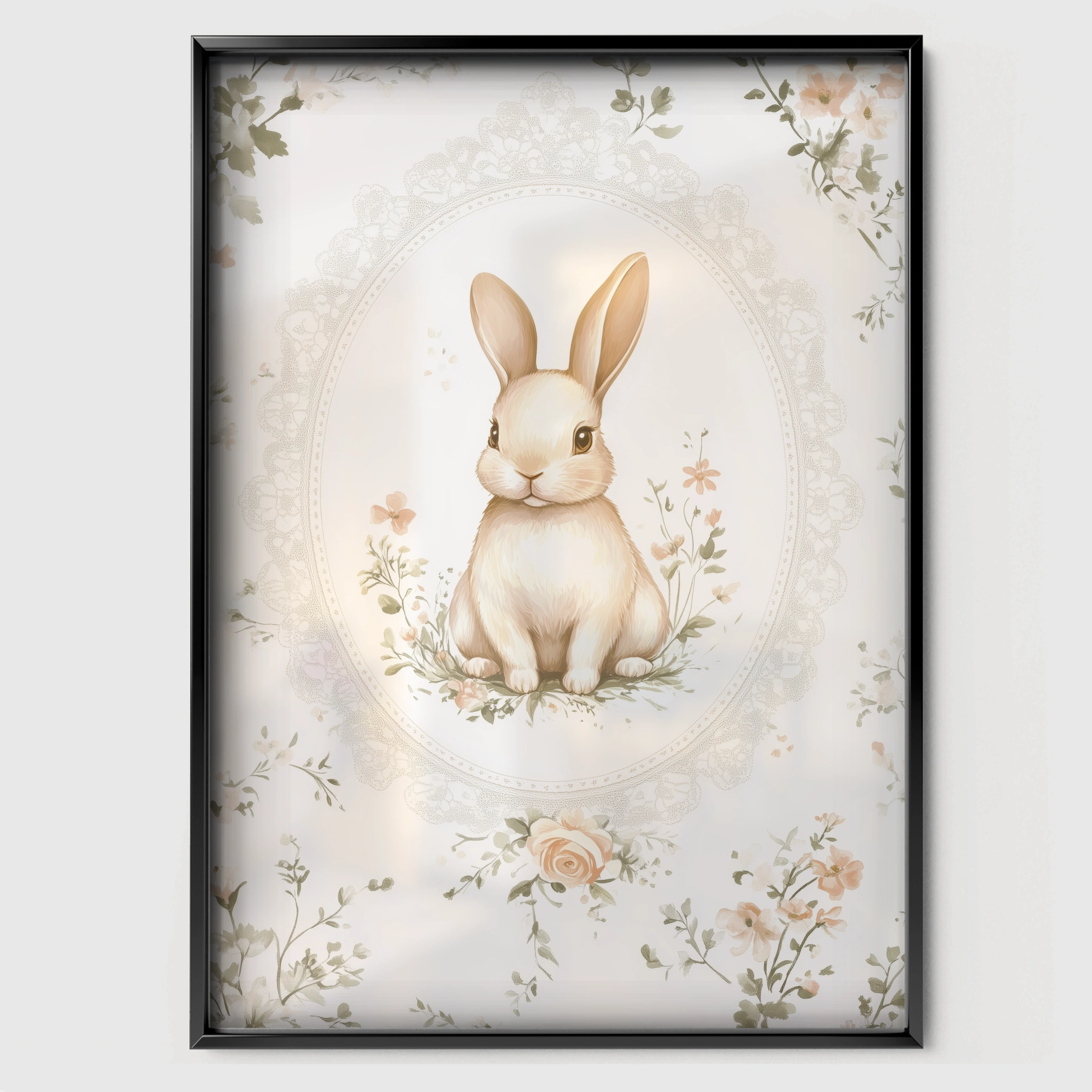 Rabbit in a Floral Frame Nursery Print - black framed nursery wall art print