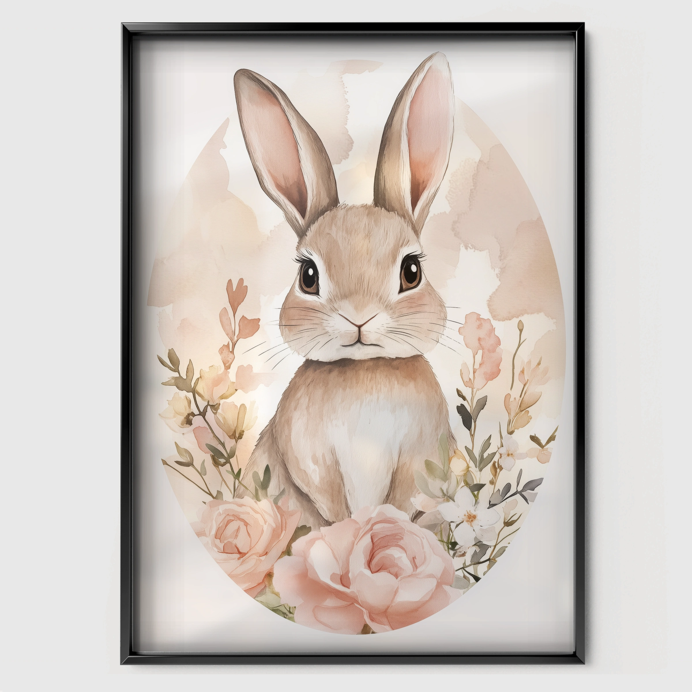 Rabbit in a Rose Frame Nursery Print - black framed nursery wall art print