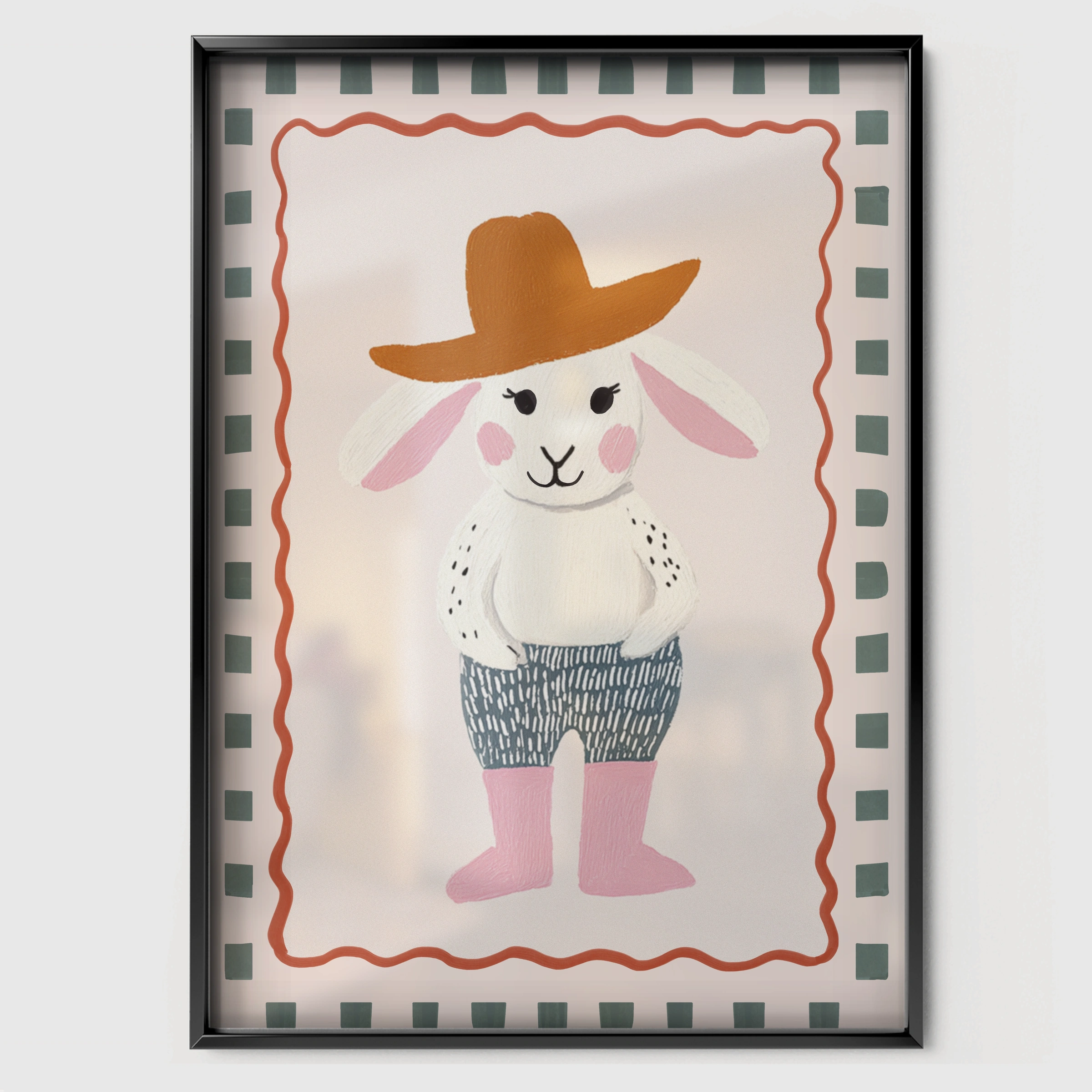 Rabbit in a Sunhat Nursery Print - black framed nursery wall art print