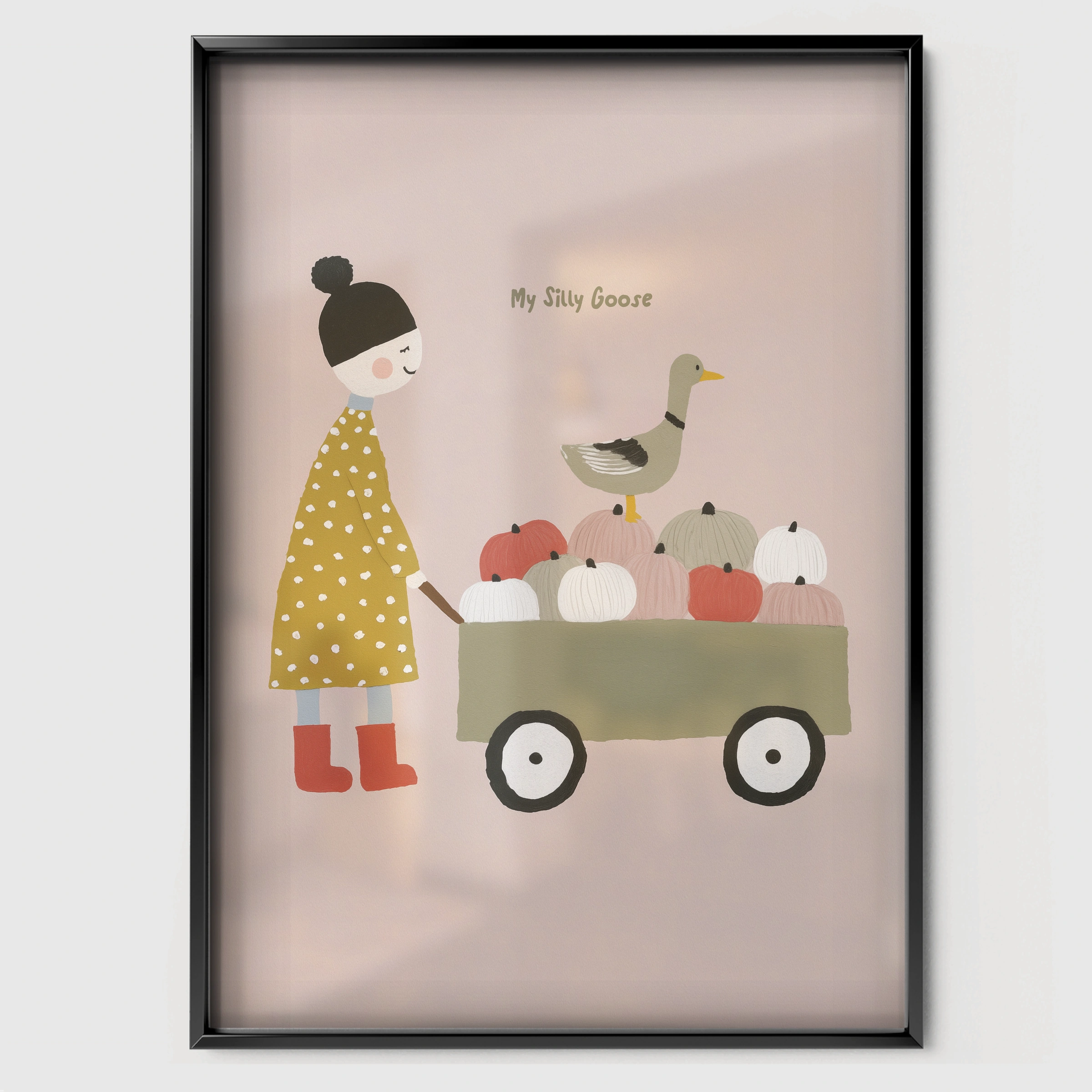 Rabbit in a Wagon Nursery Print - black framed nursery wall art print