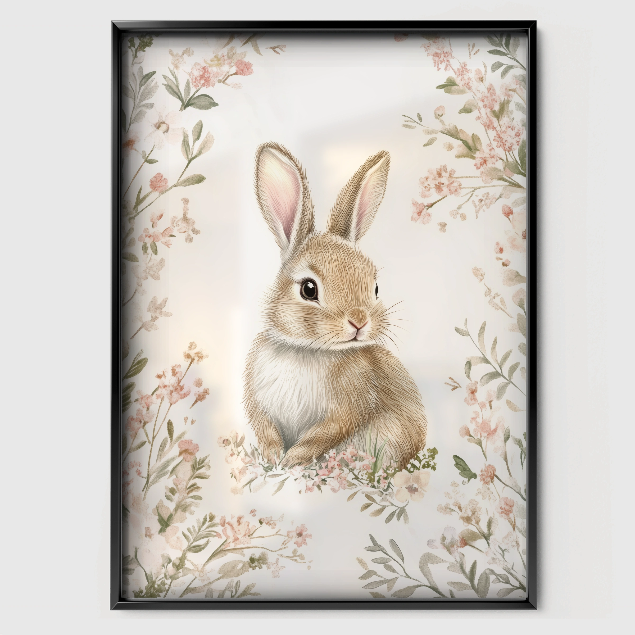 Rabbit in Blossom Nursery Print - black framed nursery wall art print