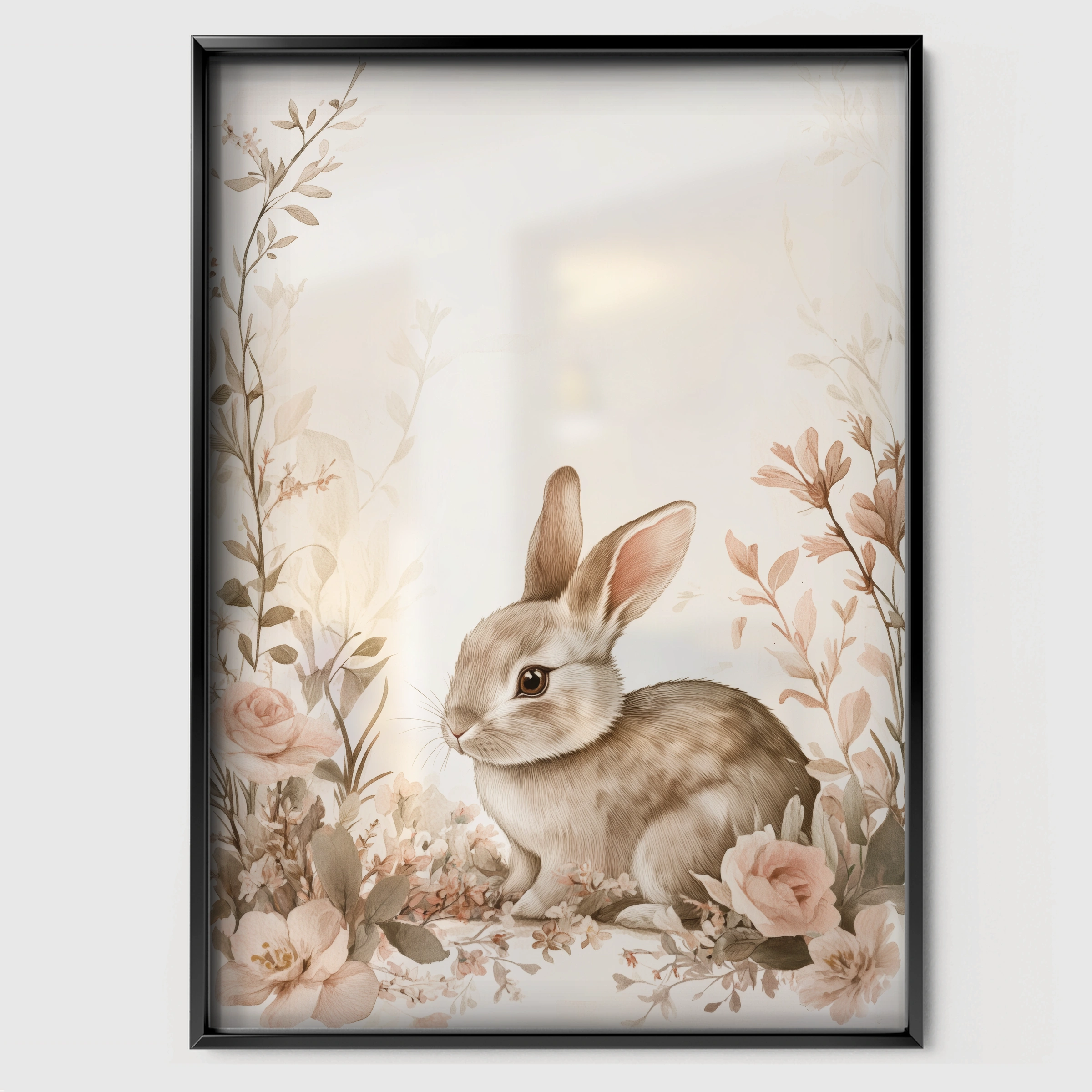 Rabbit in Roses Nursery Print - black framed nursery wall art print