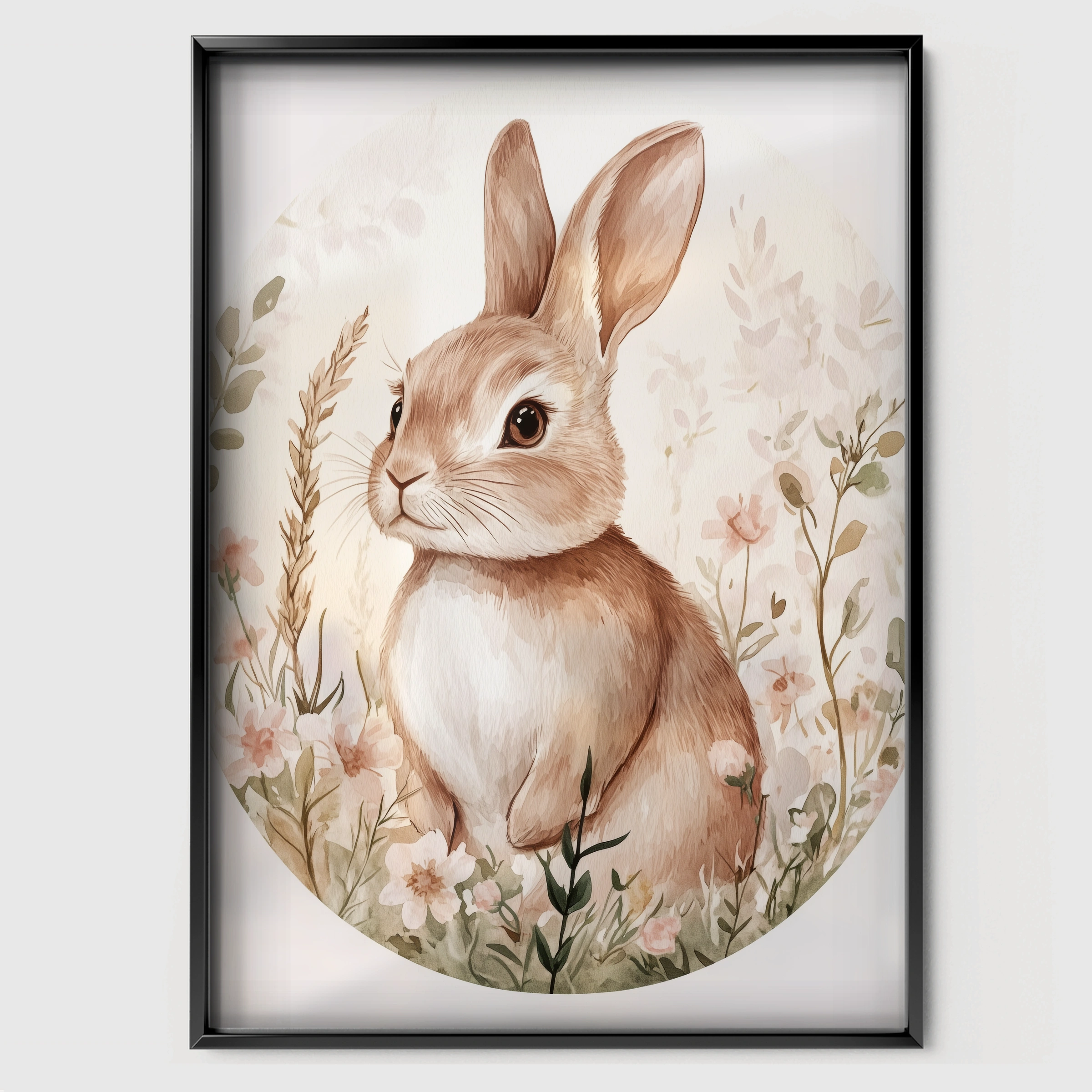 Rabbit in Wildflowers Nursery Print - black framed nursery wall art print