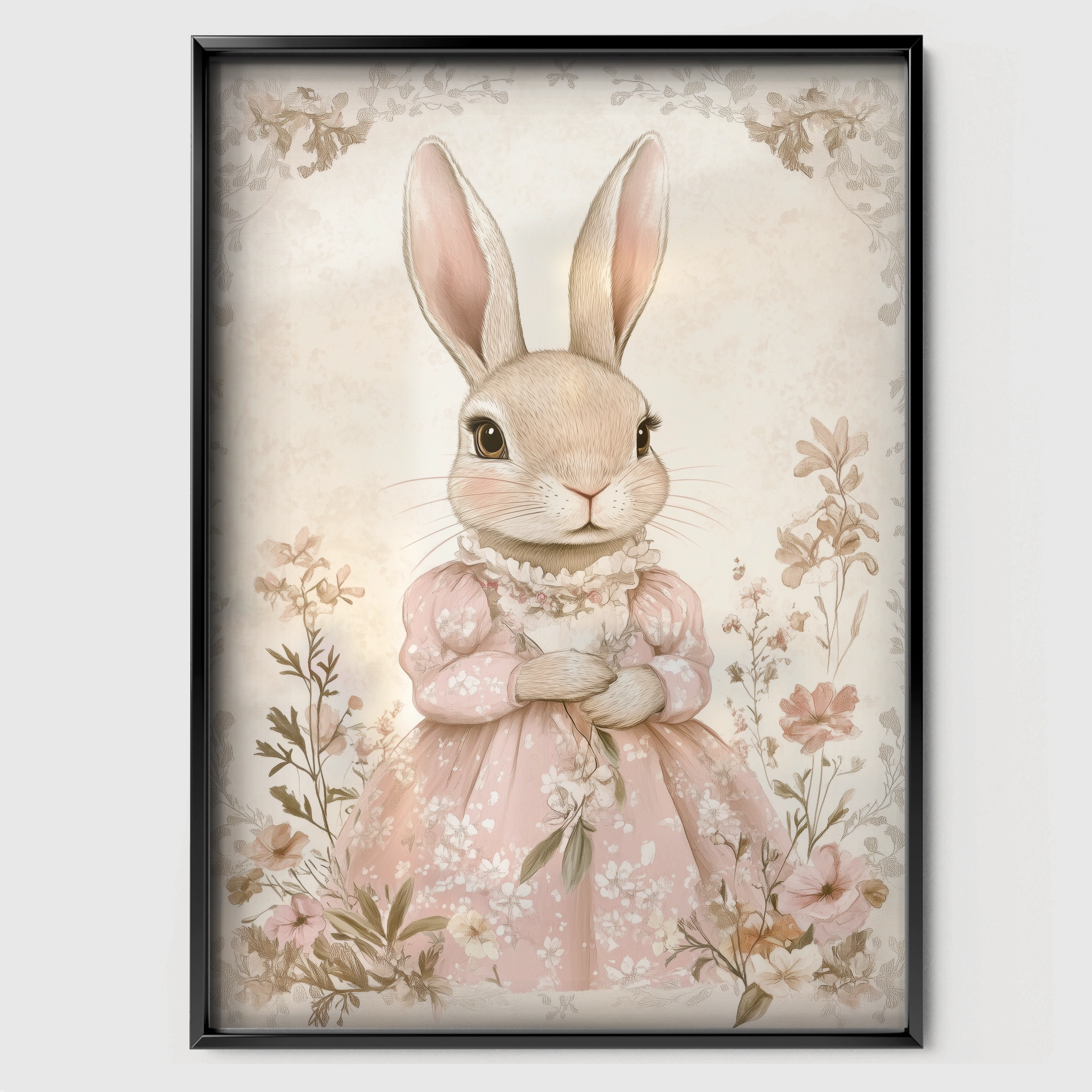 Rabbit Lady in Pink Nursery Print - black framed nursery wall art print