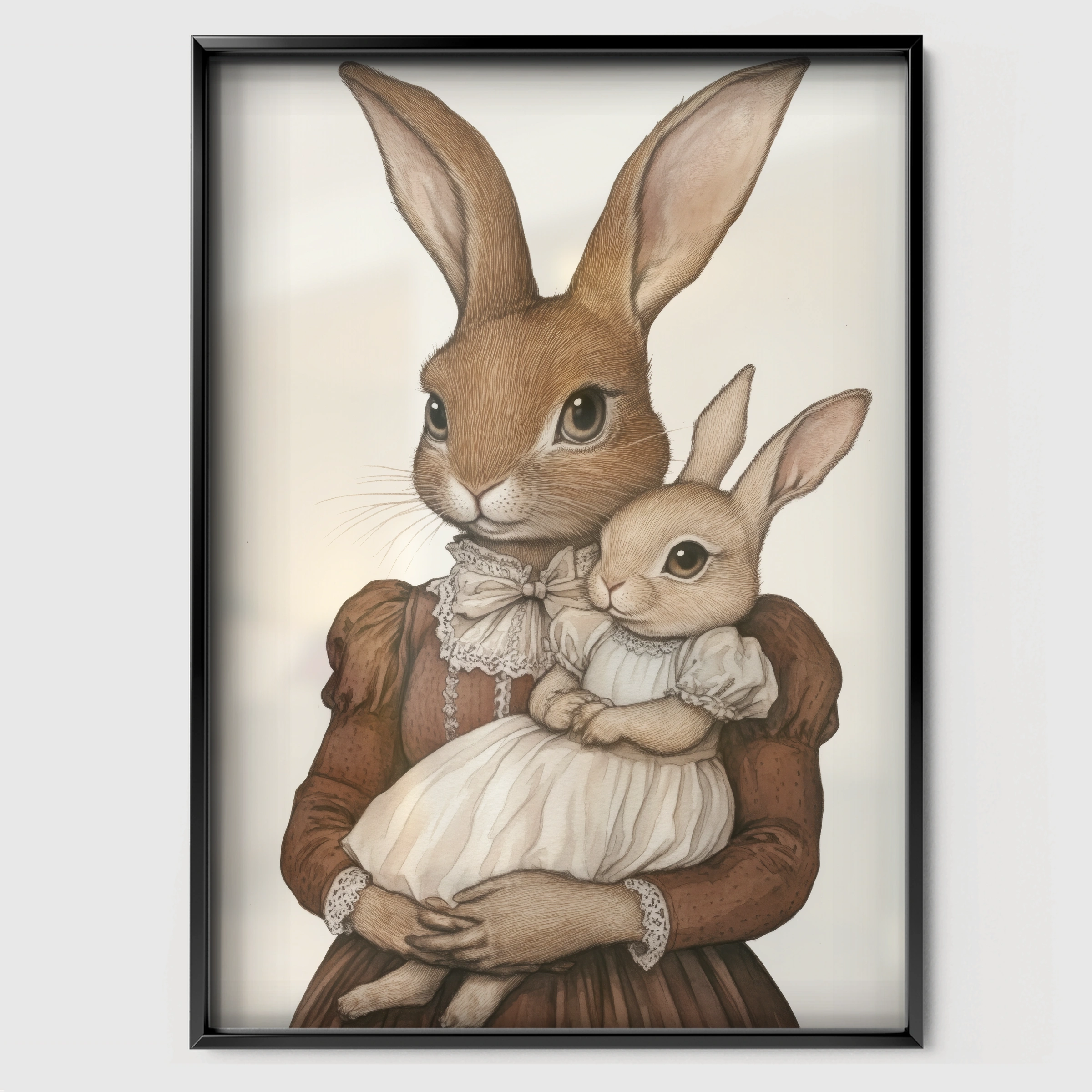 Rabbit Mother and Baby Nursery Print - black framed nursery wall art print