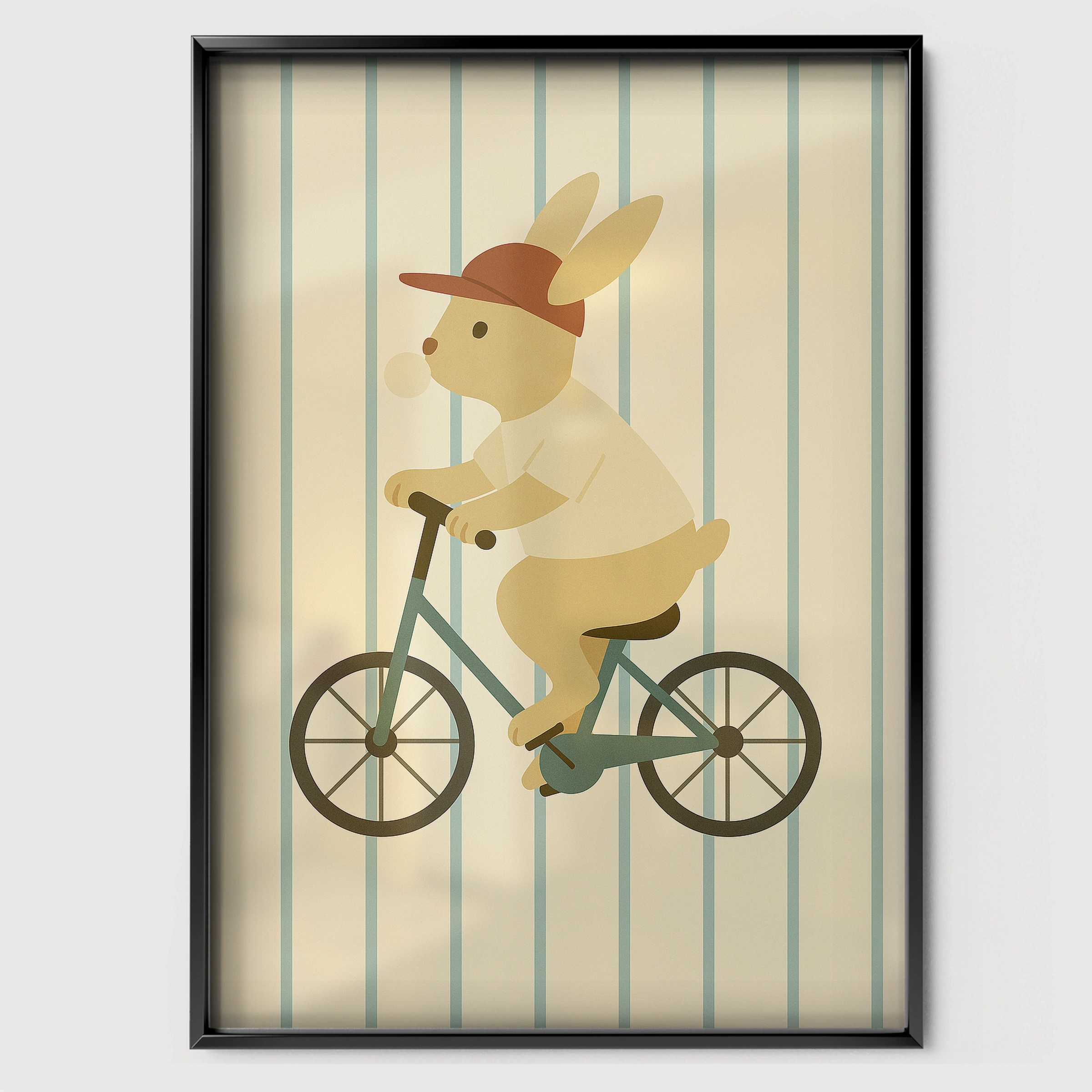 Rabbit on a Bicycle Nursery Print - black framed nursery wall art print