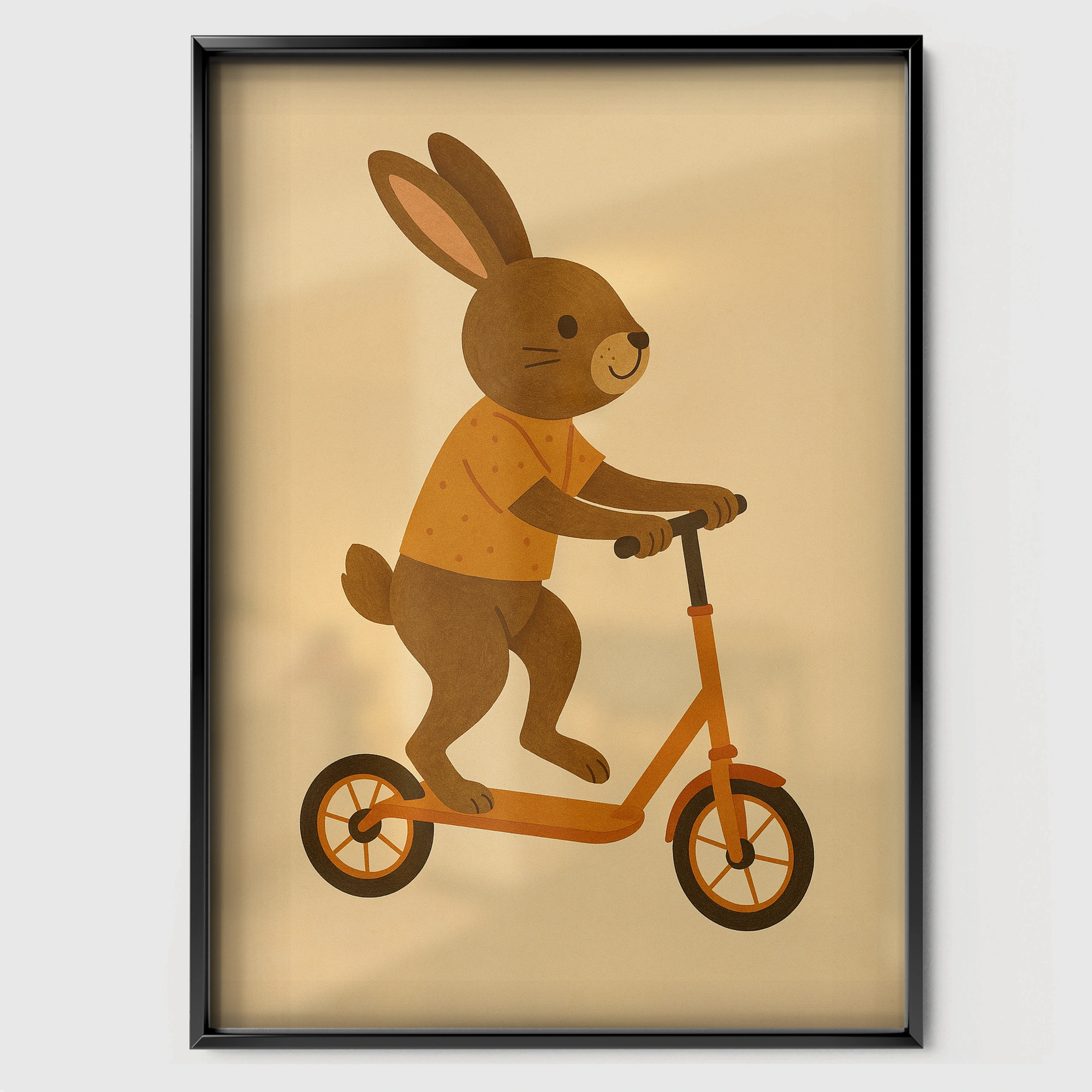 Rabbit on a Scooter Nursery Print - black framed nursery wall art print