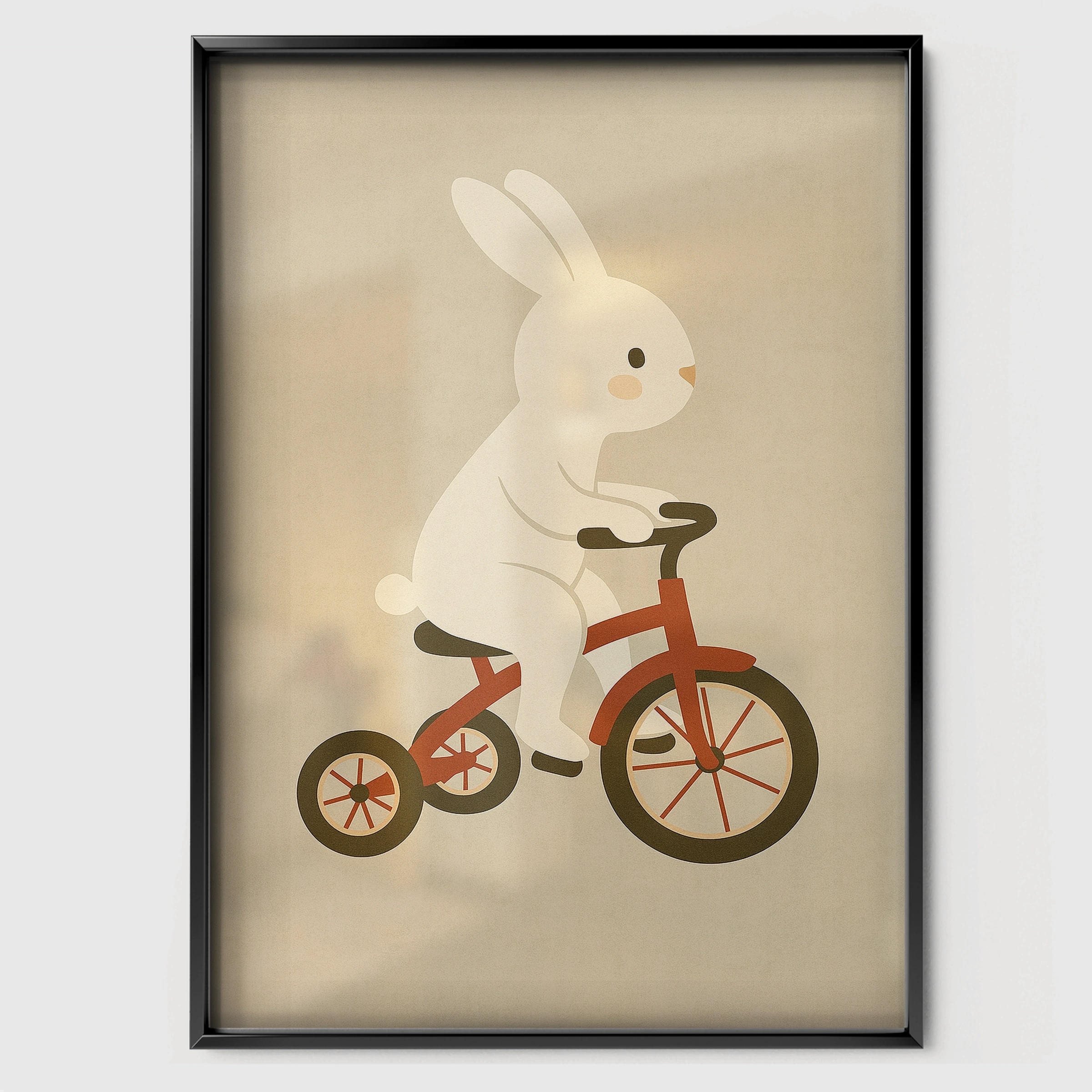 Rabbit on a Tricycle Nursery Print - black framed nursery wall art print