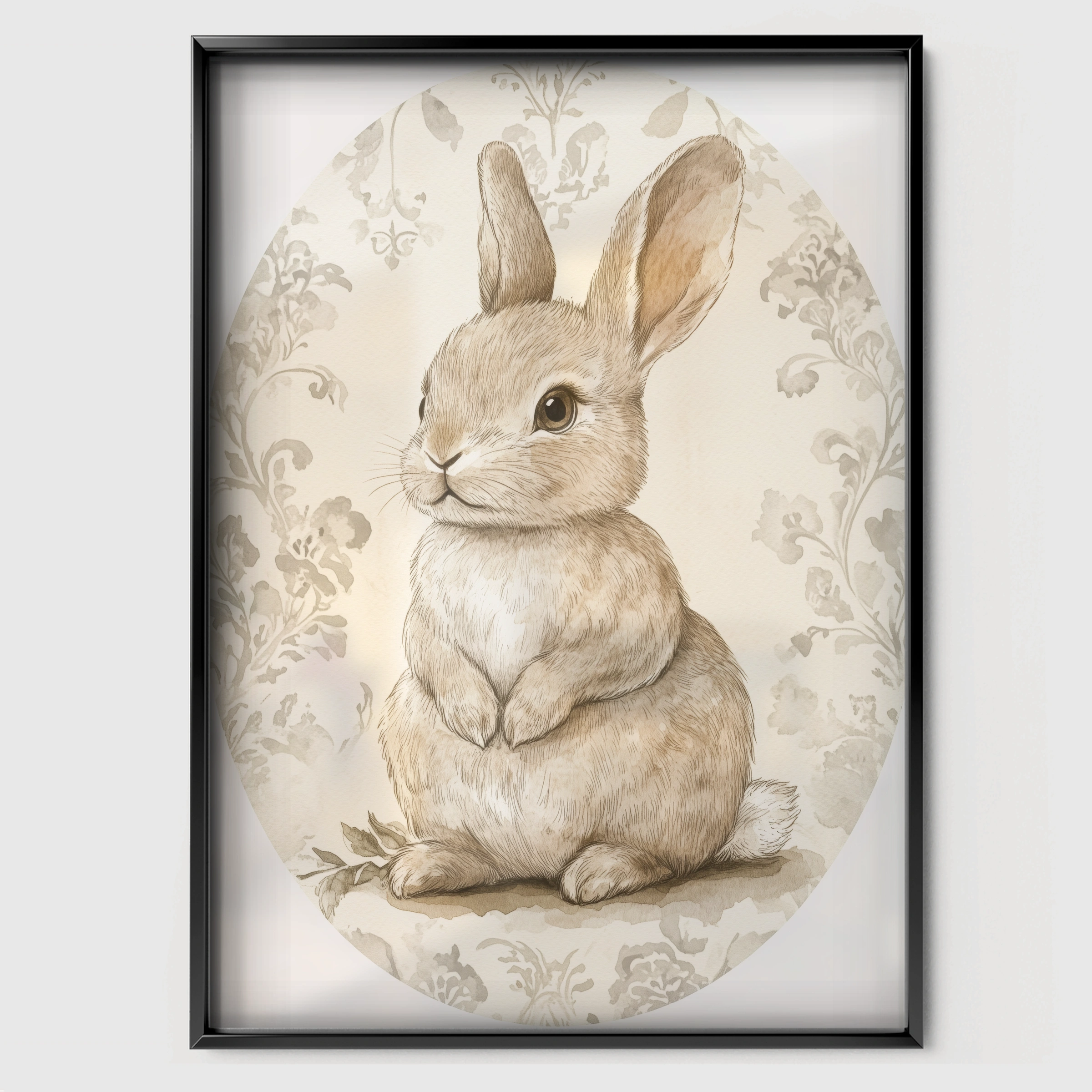 Rabbit Oval Nursery Print - black framed nursery wall art print