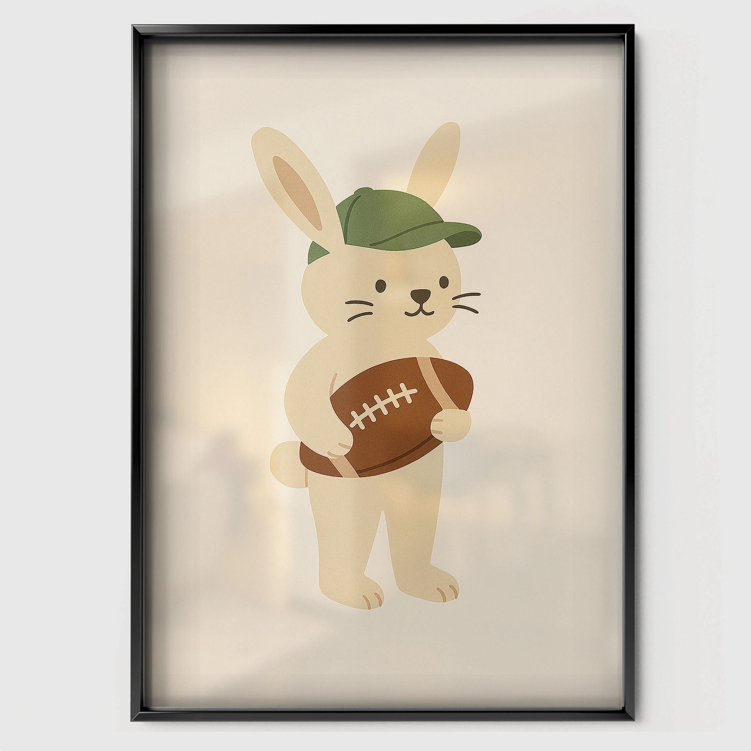 Rabbit with a Football Nursery Print - black framed nursery wall art print