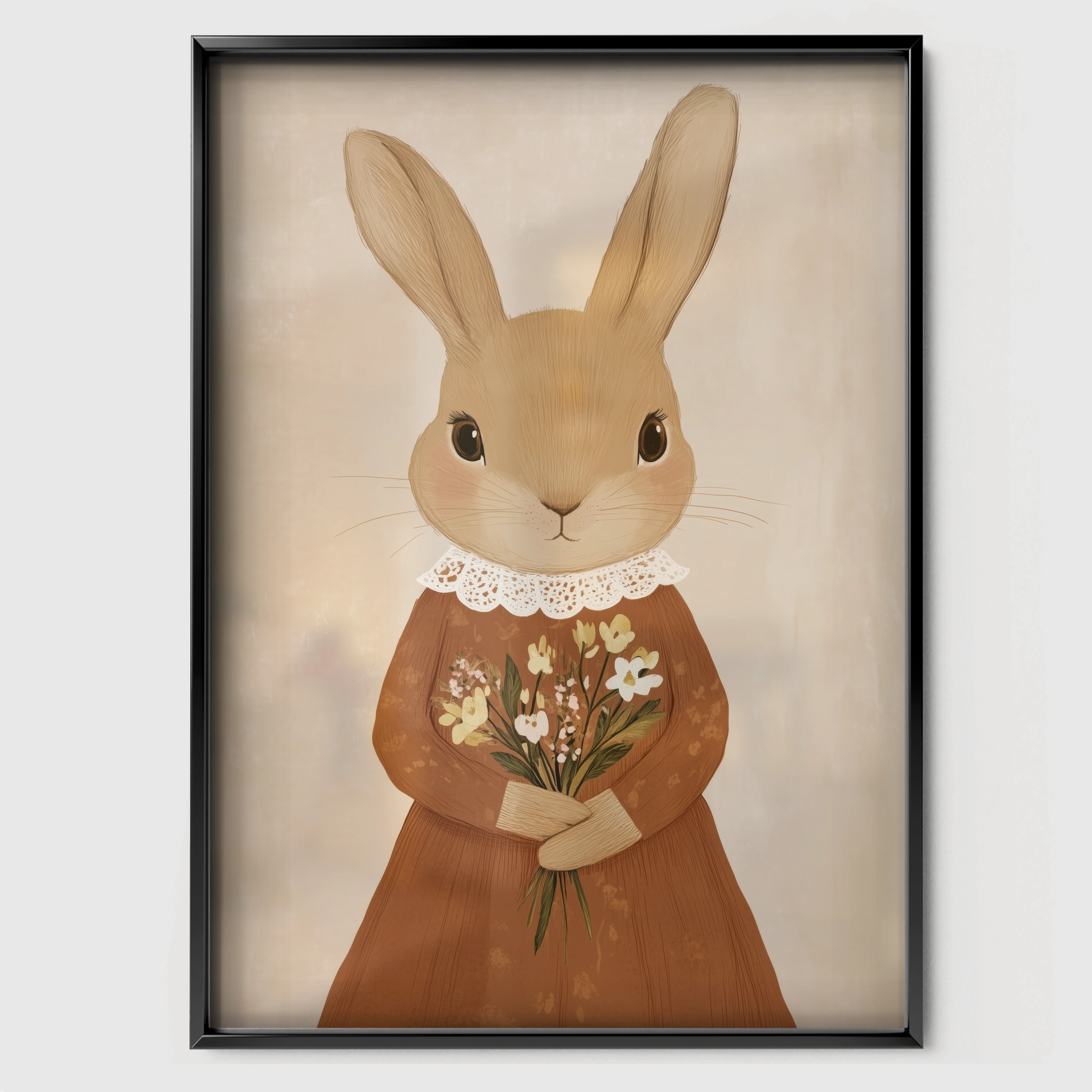 Rabbit with Flowers Nursery Print - black framed nursery wall art print