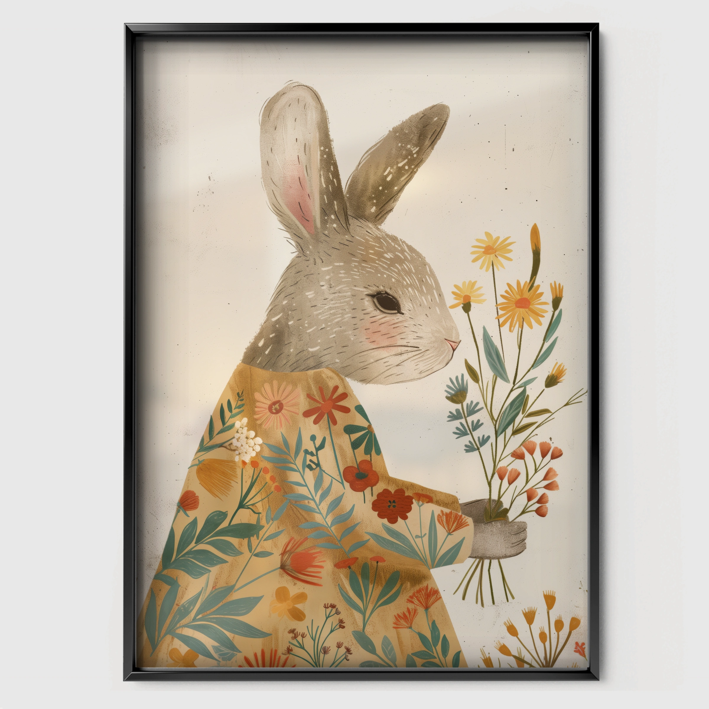 Rabbit with Wildflowers Nursery Print - black framed nursery wall art print