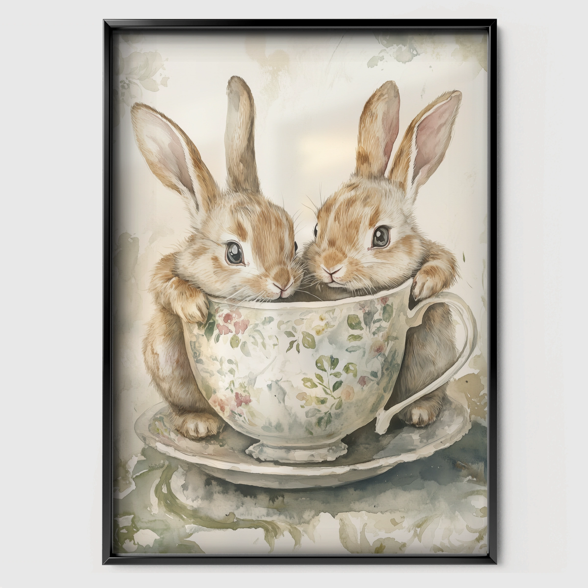 Rabbits in a Teacup Nursery Print - black framed nursery wall art print