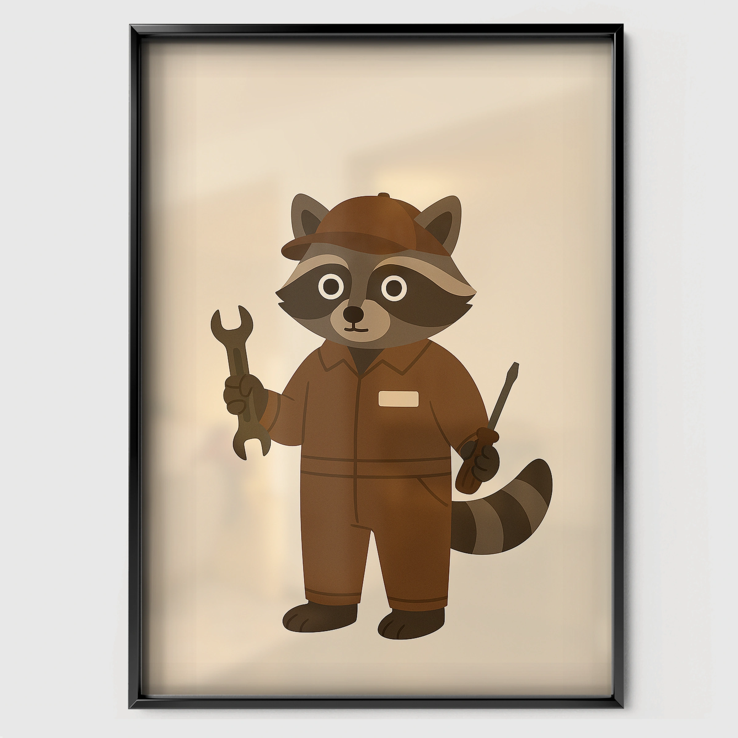 Raccoon at Work Nursery Print - black framed nursery wall art print