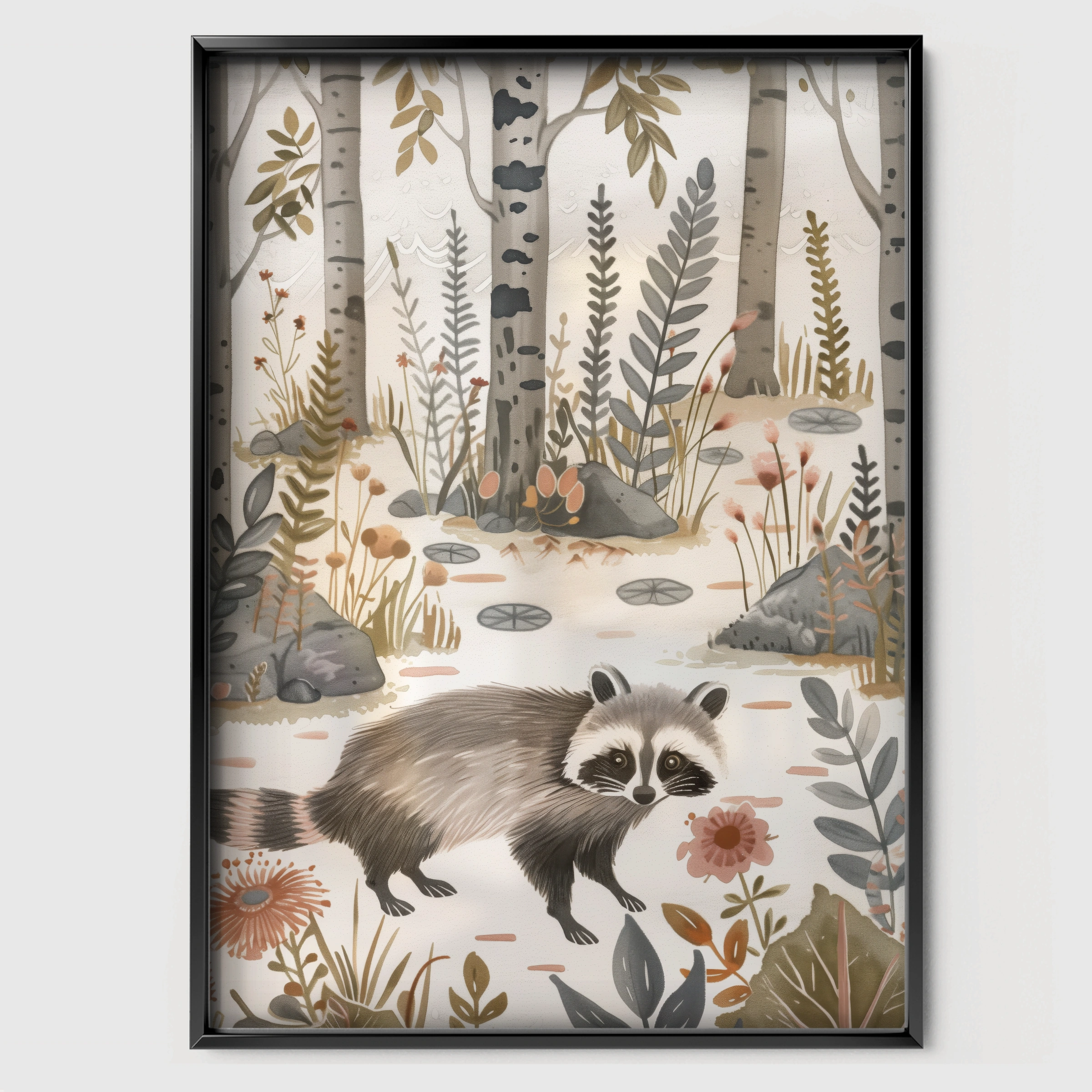 Raccoon in the Forest Nursery Print - black framed nursery wall art print