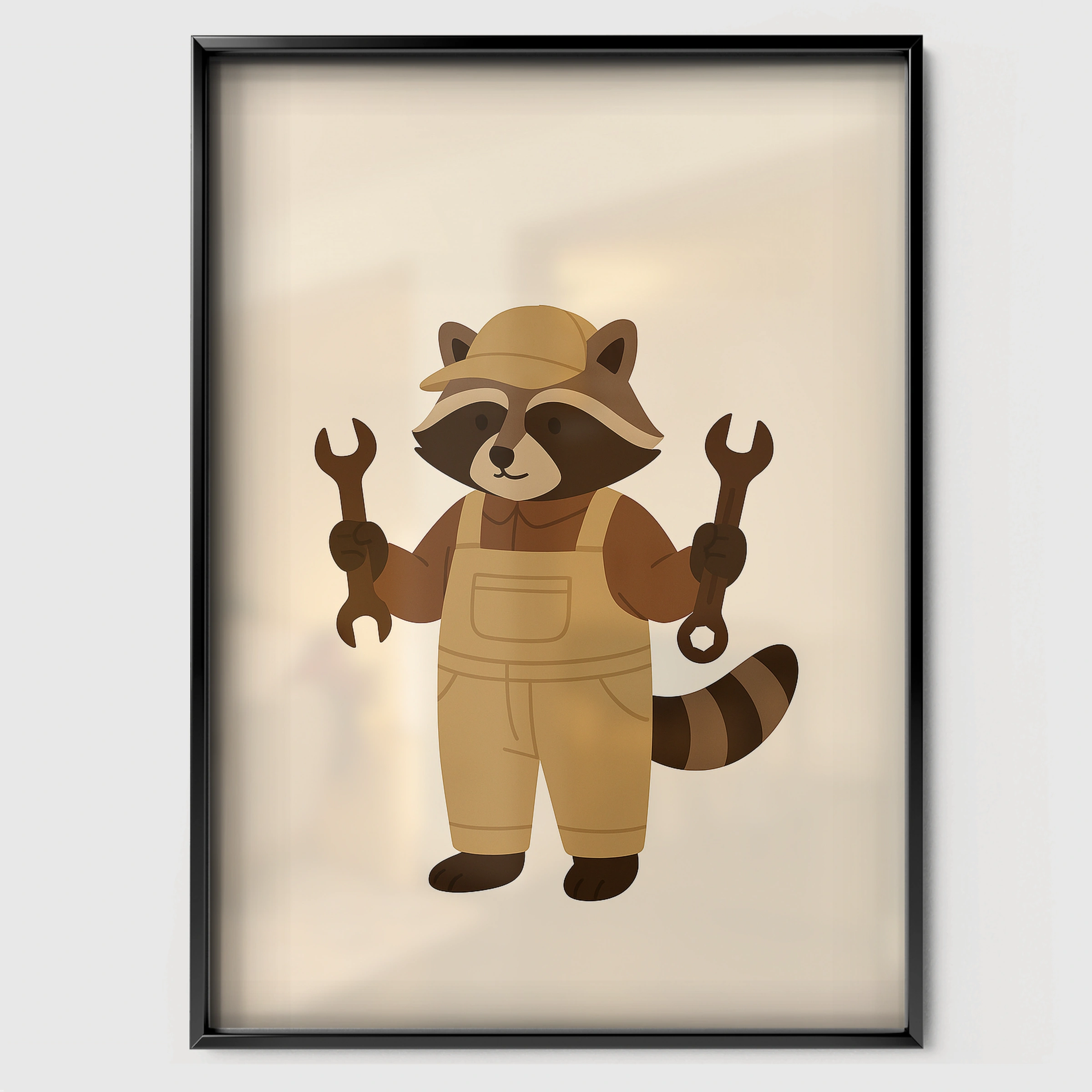 Raccoon Mechanic Nursery Print - black framed nursery wall art print