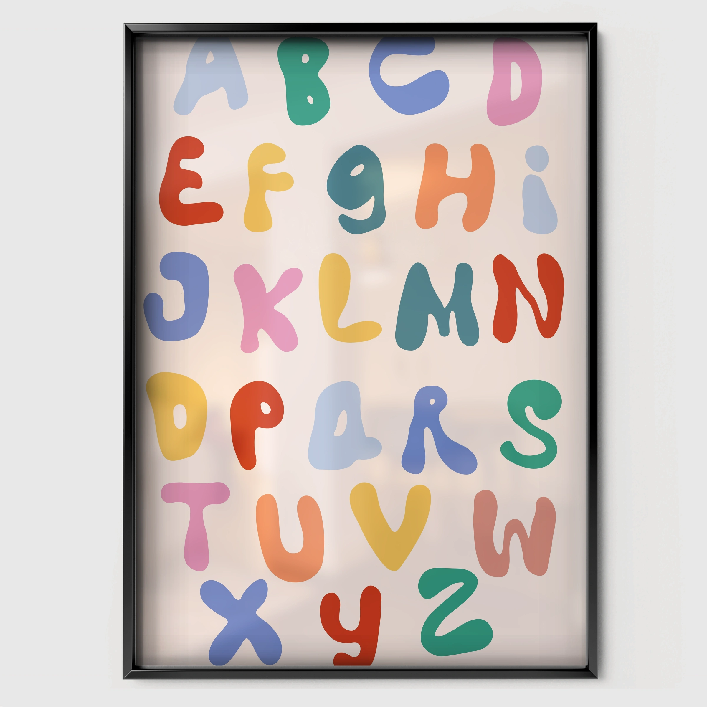 Rainbow Alphabet Nursery Print - black framed nursery wall art print