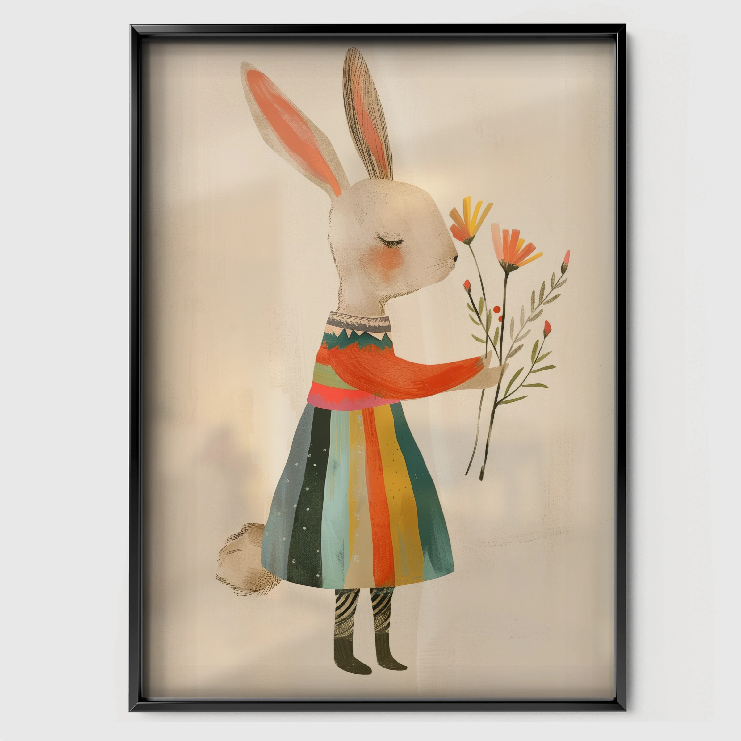 Rainbow Dress Rabbit Nursery Print - black framed nursery wall art print
