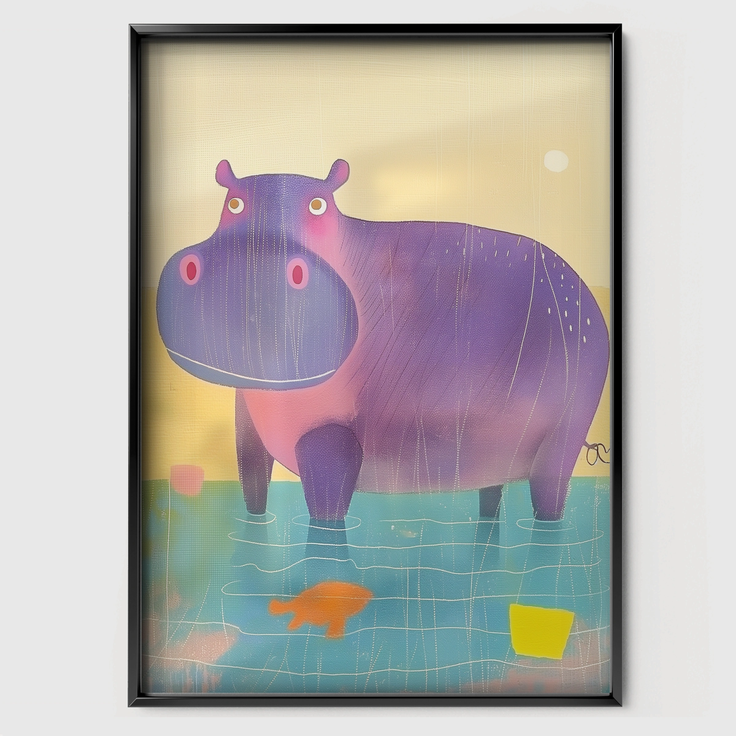 Rainbow Hippo Nursery Print - black framed nursery wall art print