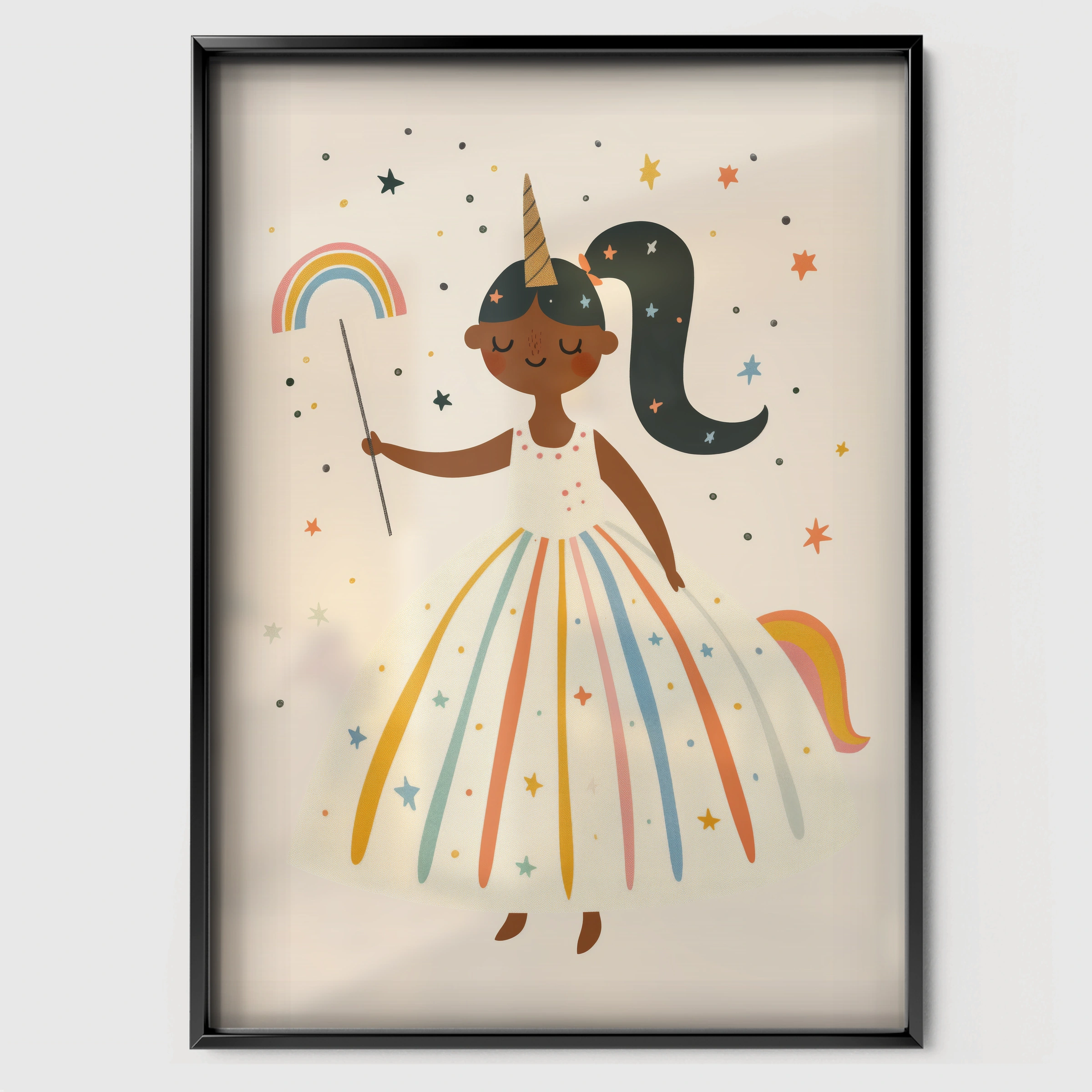 Rainbow Princess Nursery Print - black framed nursery wall art print