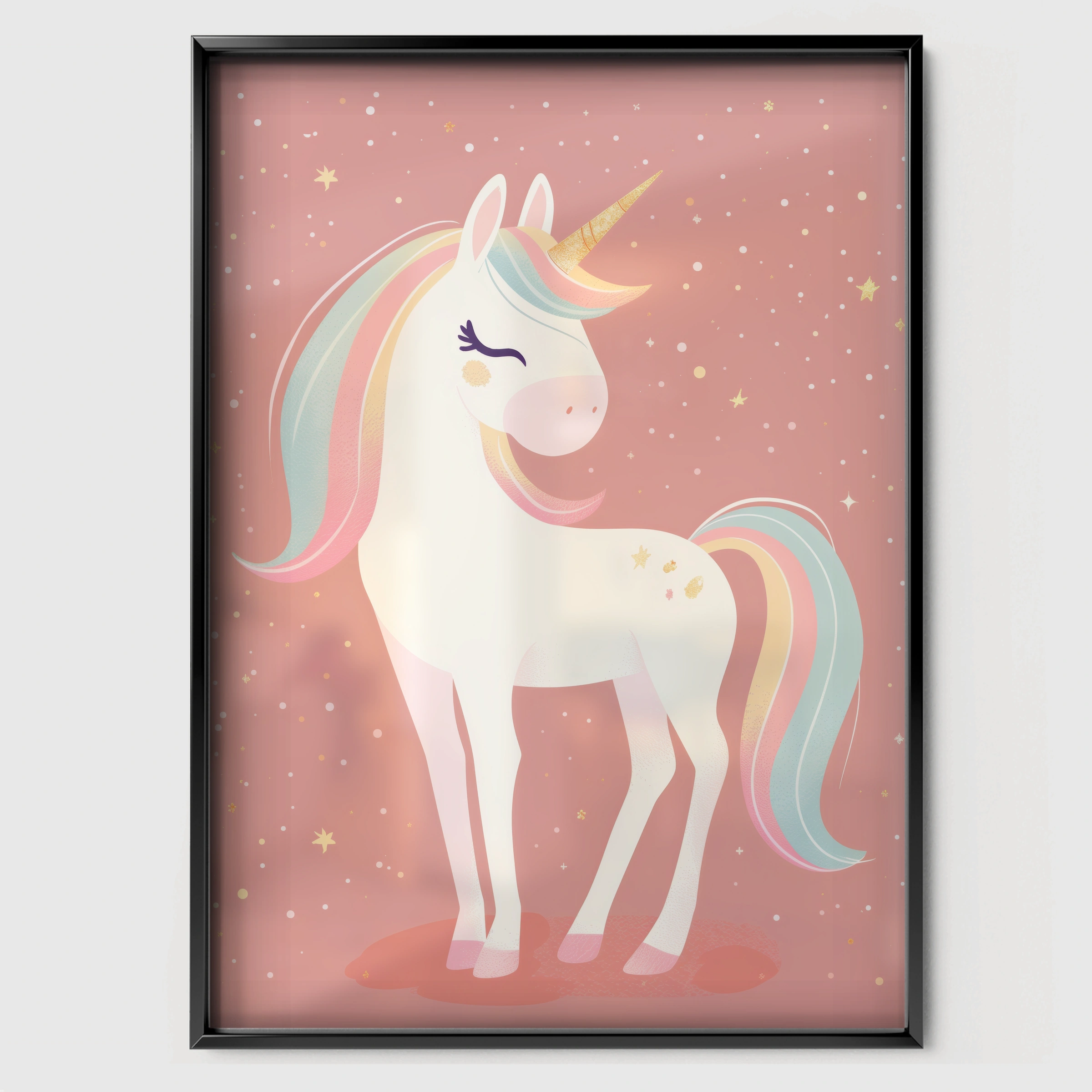 Rainbow Unicorn Nursery Print - black framed nursery wall art print