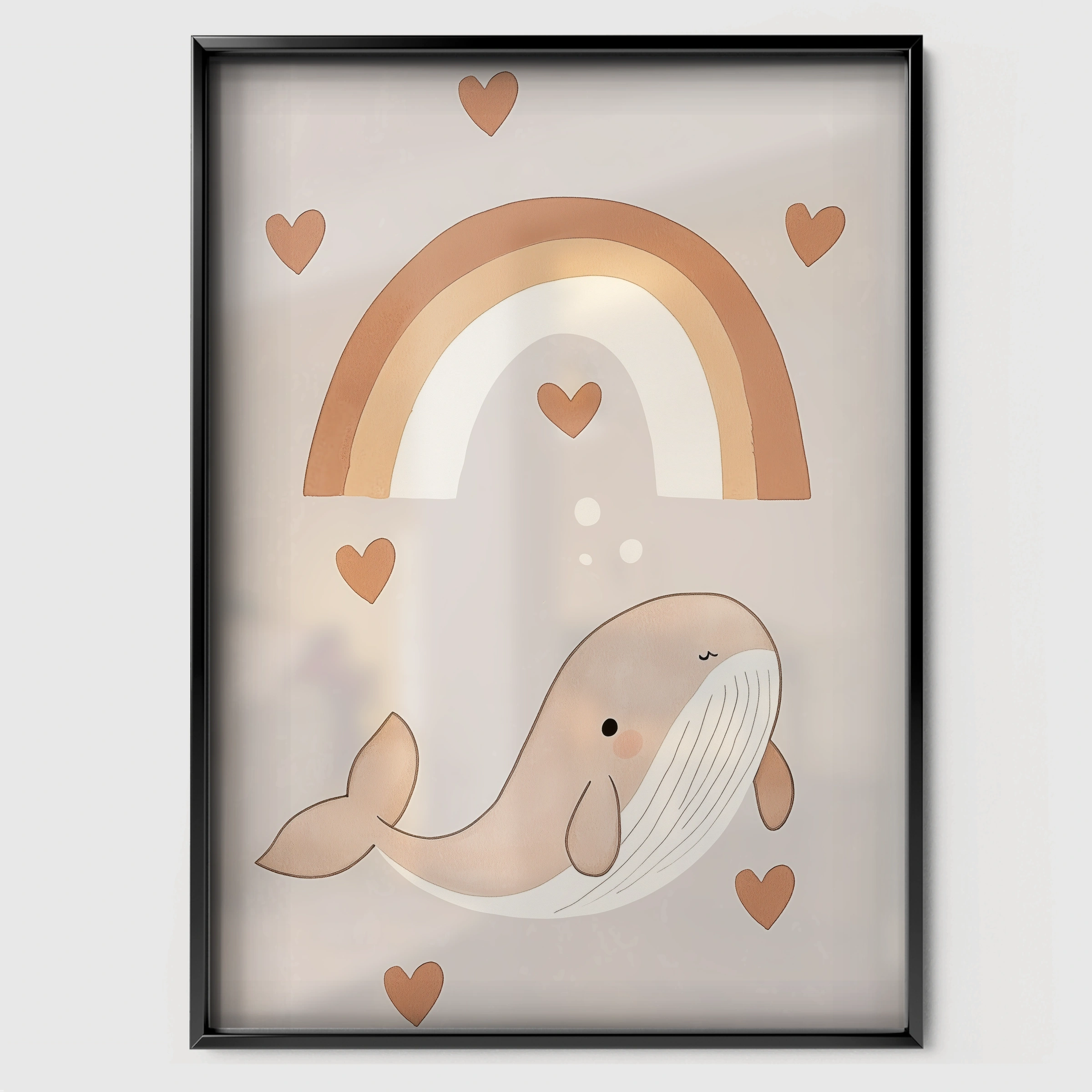 Rainbow Whale Nursery Print - black framed nursery wall art print