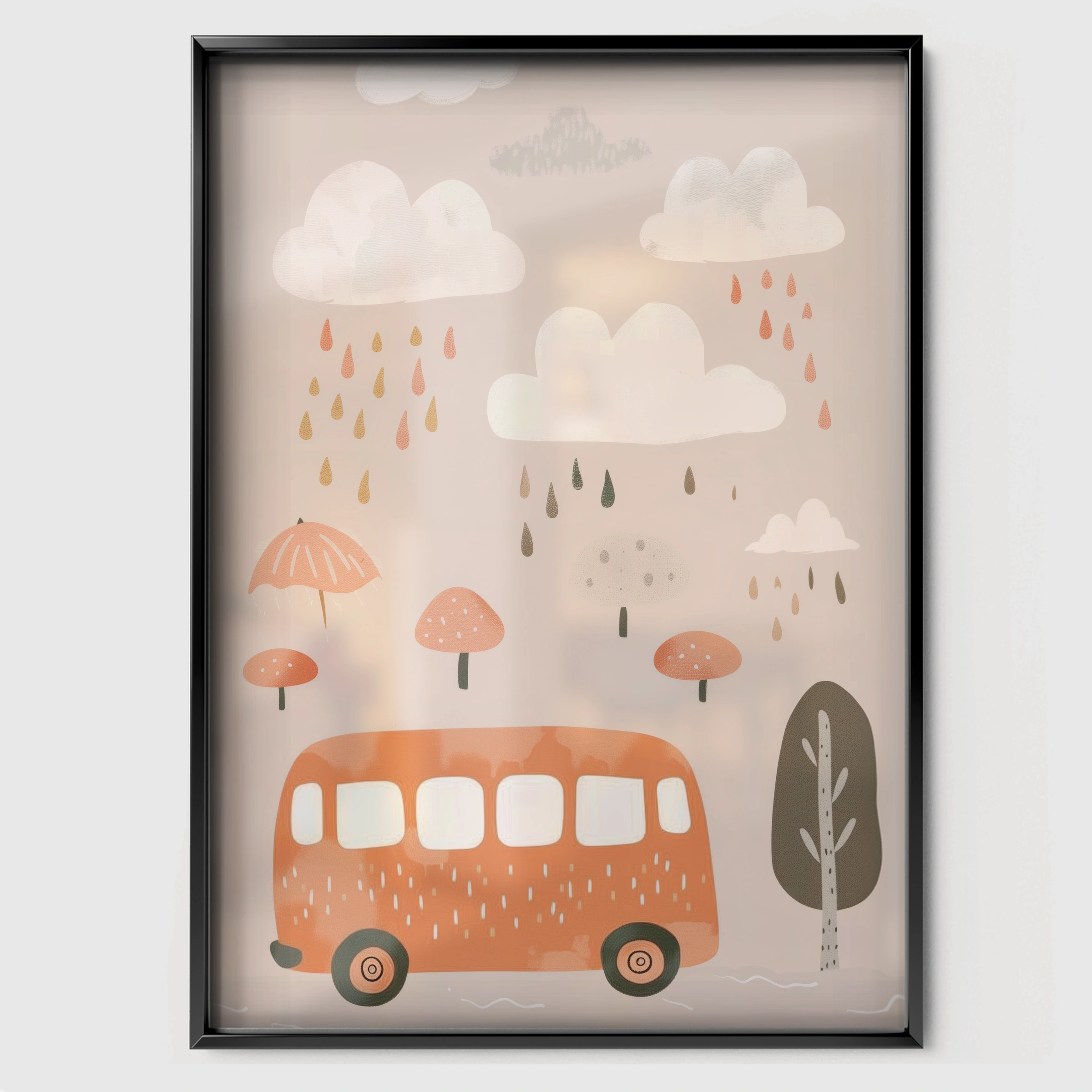 Rainy Day Bus Nursery Print - black framed nursery wall art print