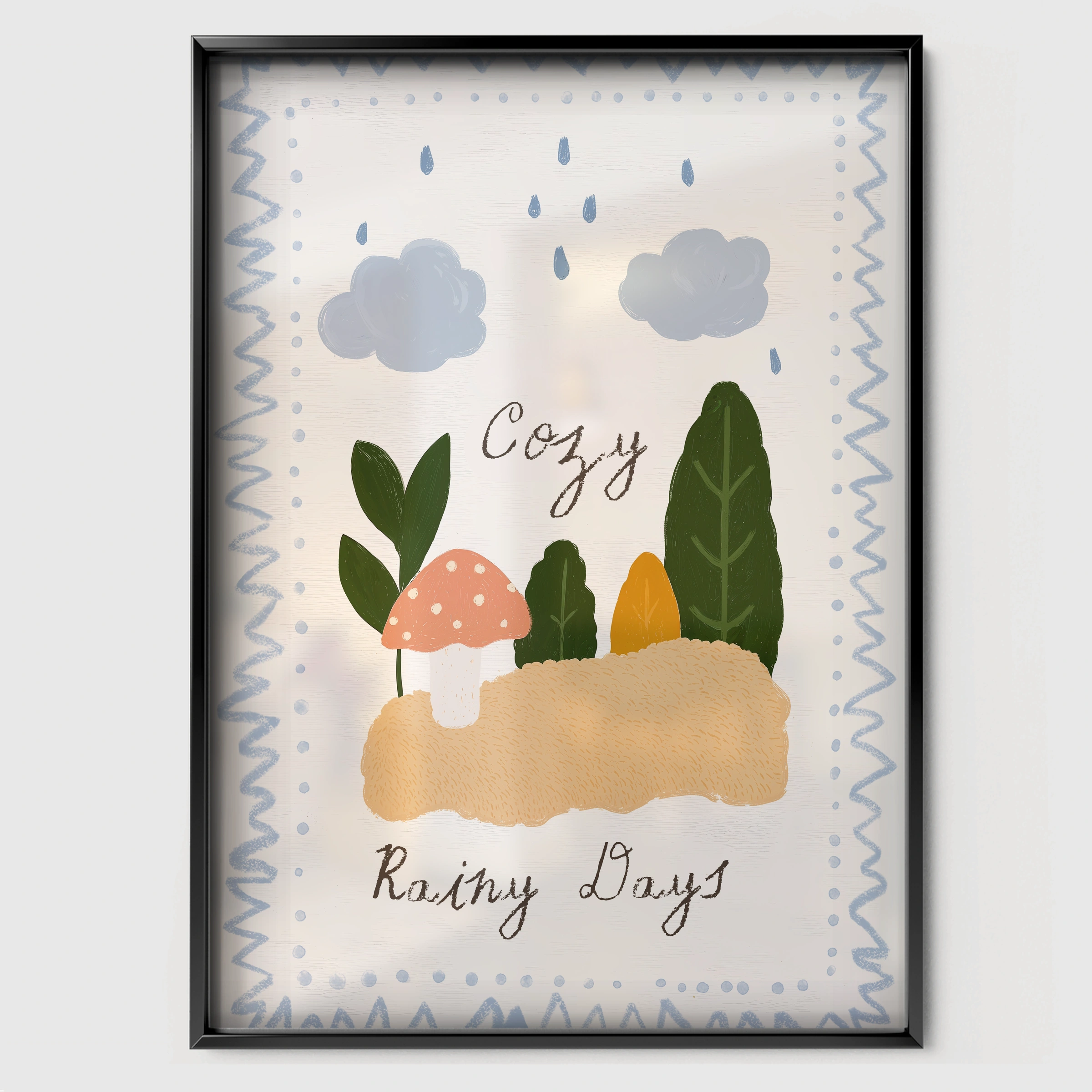 Rainy Days Busy Days Nursery Print - black framed nursery wall art print