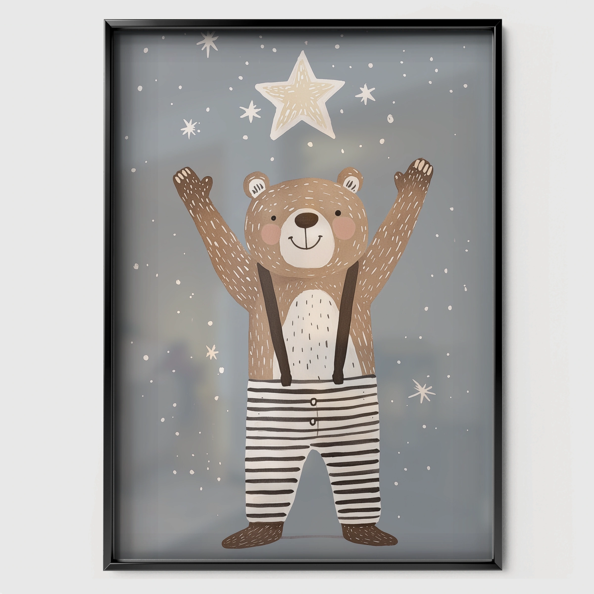 Reach for the Stars Bear Nursery Print - black framed nursery wall art print