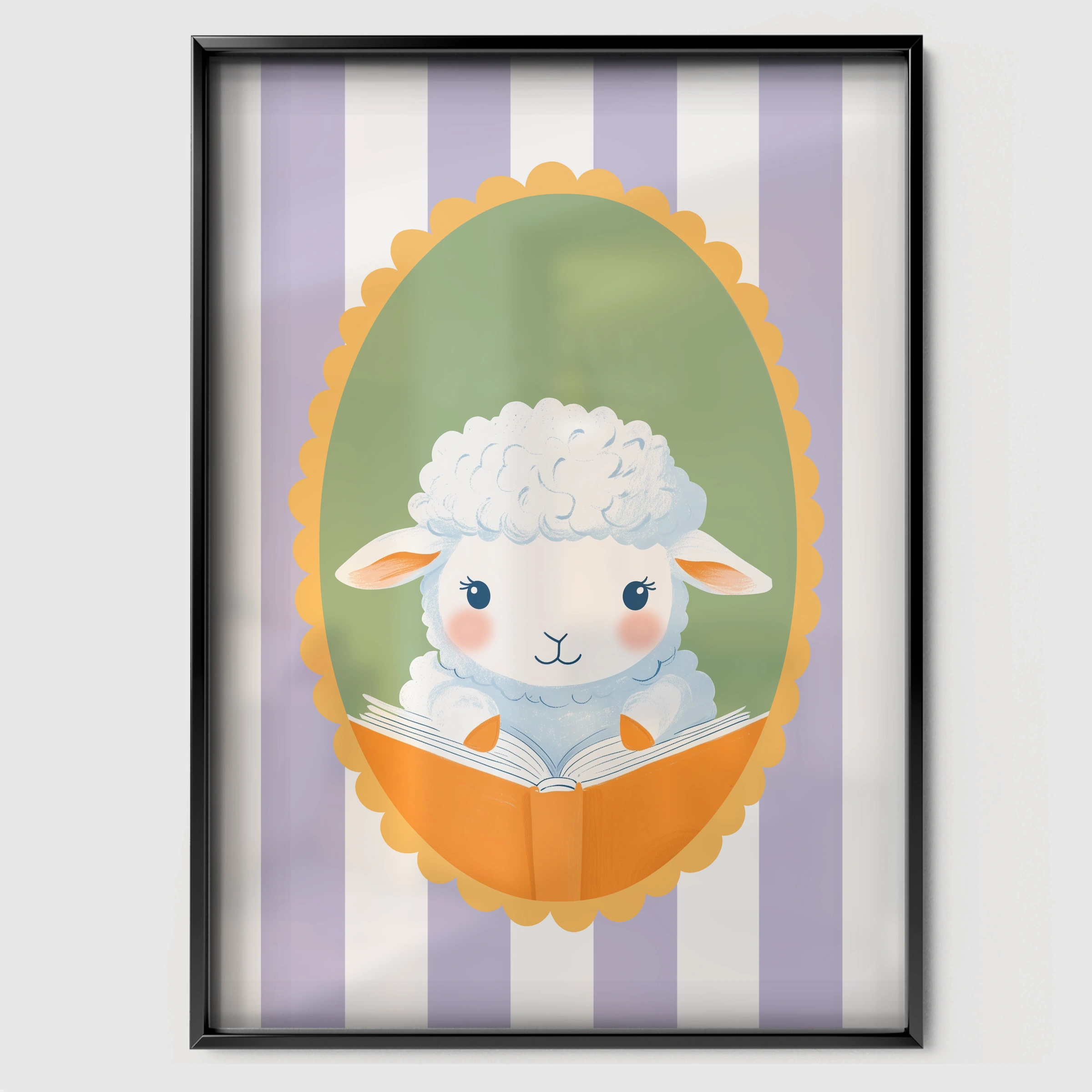 Reading Sheep Nursery Print - black framed nursery wall art print