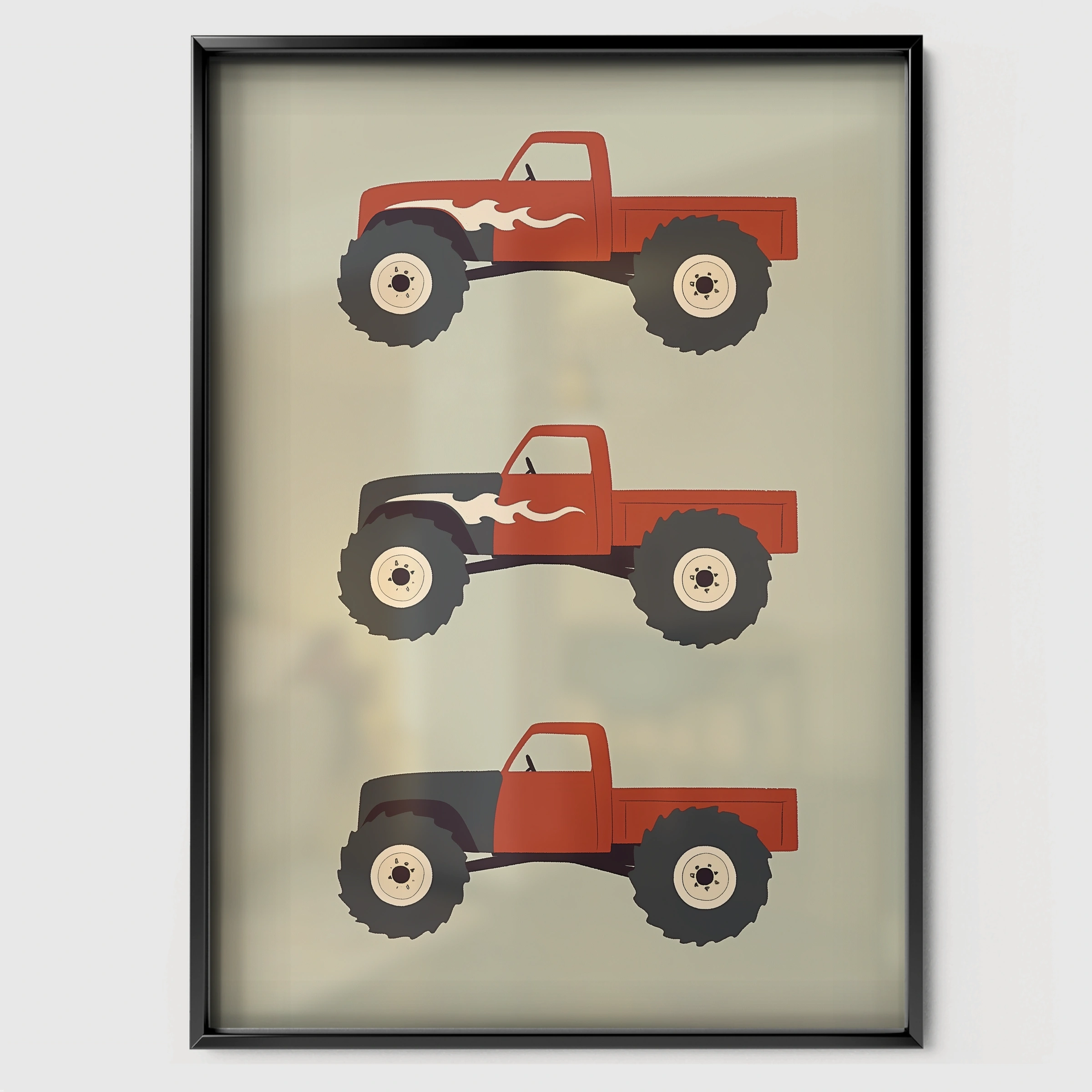 Red Monster Trucks Nursery Print - black framed nursery wall art print
