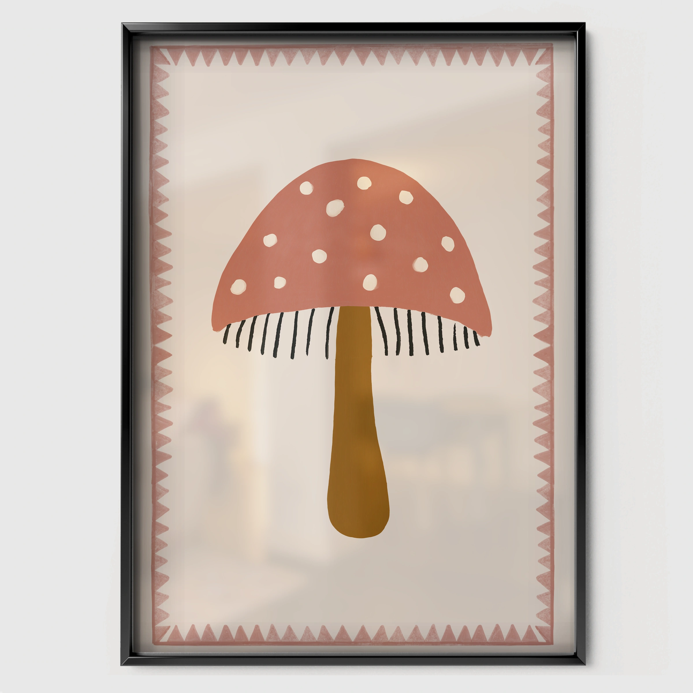 Red Toadstool Nursery Print - black framed nursery wall art print