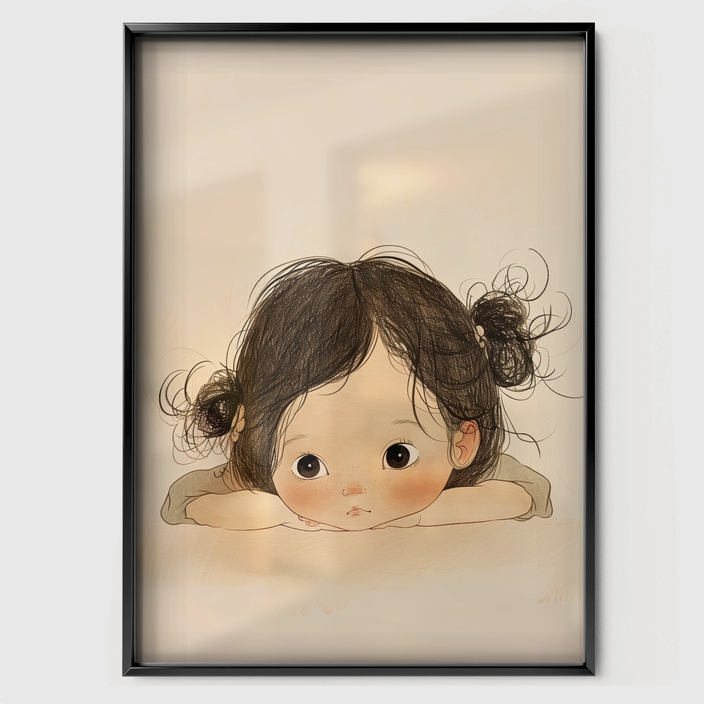 Resting Girl Nursery Print - black framed nursery wall art print